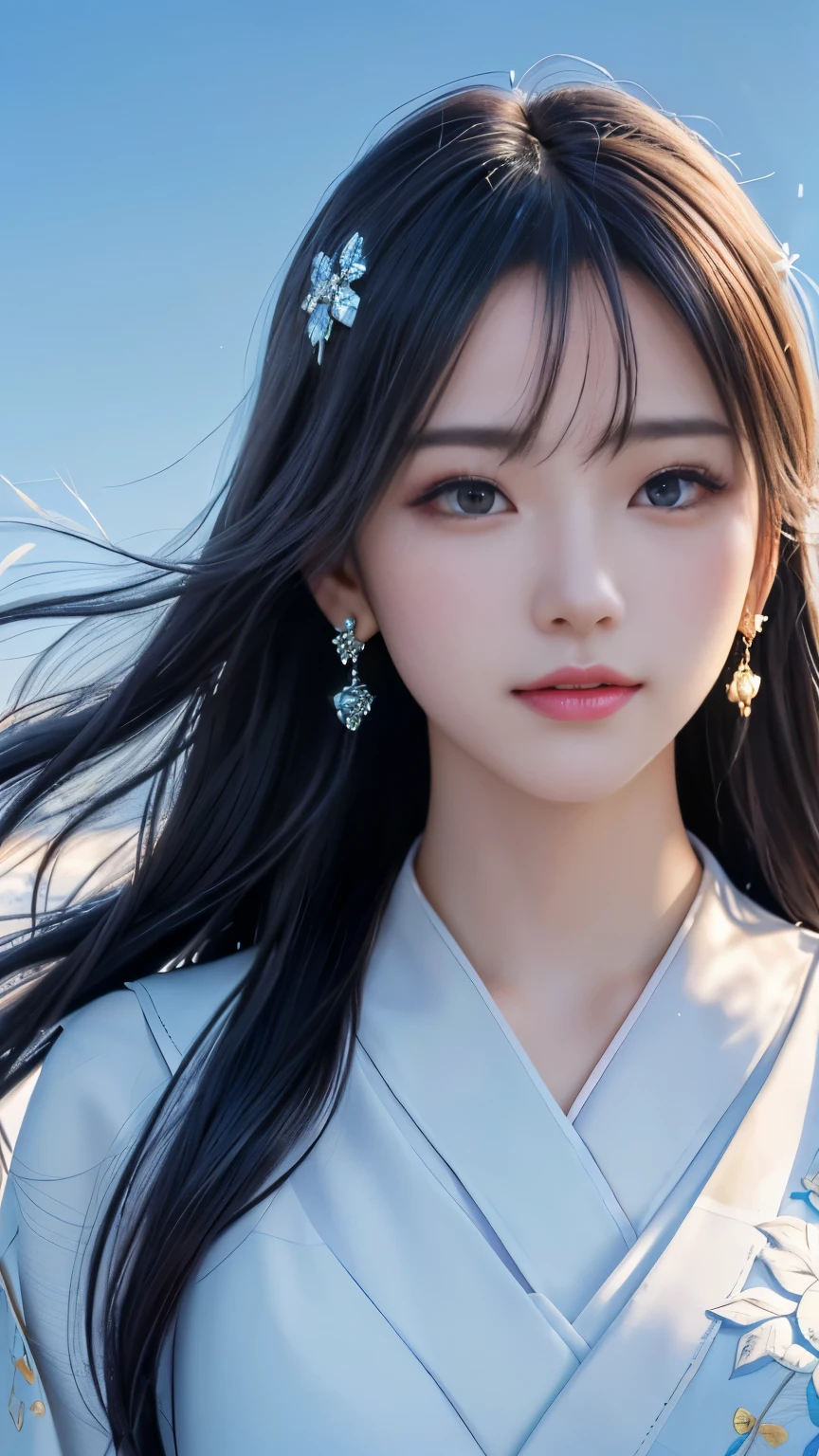 (logo, masterpiece, 8k, table top, RAW photo, wonderful, 最high quality, Photorealistic and hvery detailed CG integrated 8k wallpaper, high quality, very detailed, Narrative poem, particle effects, dynamic effects, Depth of written boundary, cinematic light, Lens flare, ray tracing, anatomically accurate)), fantasy, 1 beautiful woman, black hair, clear eyes, long hair, beautiful face, real face, 緻密でbeautiful eyes, beautiful skin, long hairがWindでなびく, long hairが跳ねる, long hairがWindで踊る, hair jump, jewelry, beautiful eyes, white kimono, white obi, White cherry blossom embroidery pattern, silver earrings, Wind, blue sky, beautiful background, 古代のWind, Xianxia, 雪とhoarfrost, very cold winter day, snow-capped mountainや森, hoarfrost, snow-capped mountain々, The beauty and brilliance of frost-covered trees, The tranquility and beauty of a world of ice and snow, Wind, god々, god話, vast land