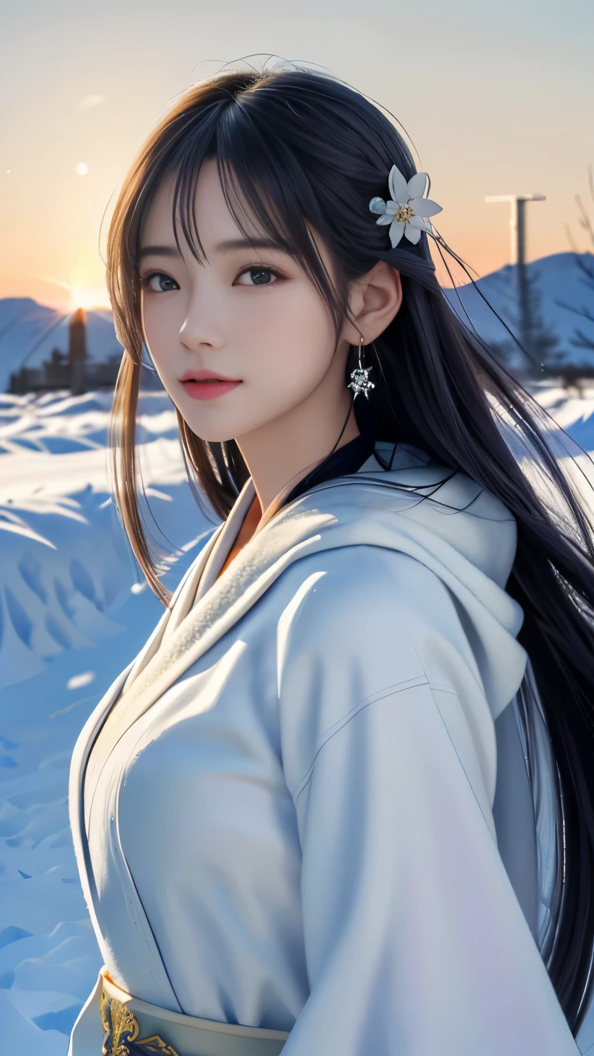 (logo, masterpiece, 8k, table top, RAW photo, wonderful, 最high quality, Photorealistic and hvery detailed CG integrated 8k wallpaper, high quality, very detailed, Narrative poem, particle effects, dynamic effects, Depth of written boundary, cinematic light, Lens flare, ray tracing, anatomically accurate)), fantasy, 1 beautiful woman, black hair, clear eyes, long hair, beautiful face, real face, 緻密でbeautiful eyes, beautiful skin, long hairがWindでなびく, long hairが跳ねる, long hairがWindで踊る, hair jump, jewelry, beautiful eyes, white kimono, white obi, White cherry blossom embroidery pattern, silver earrings, Wind, blue sky, beautiful background, 古代のWind, Xianxia, 雪とhoarfrost, very cold winter day, snow-capped mountainや森, hoarfrost, snow-capped mountain々, The beauty and brilliance of frost-covered trees, The tranquility and beauty of a world of ice and snow, Wind, god々, god話, vast land