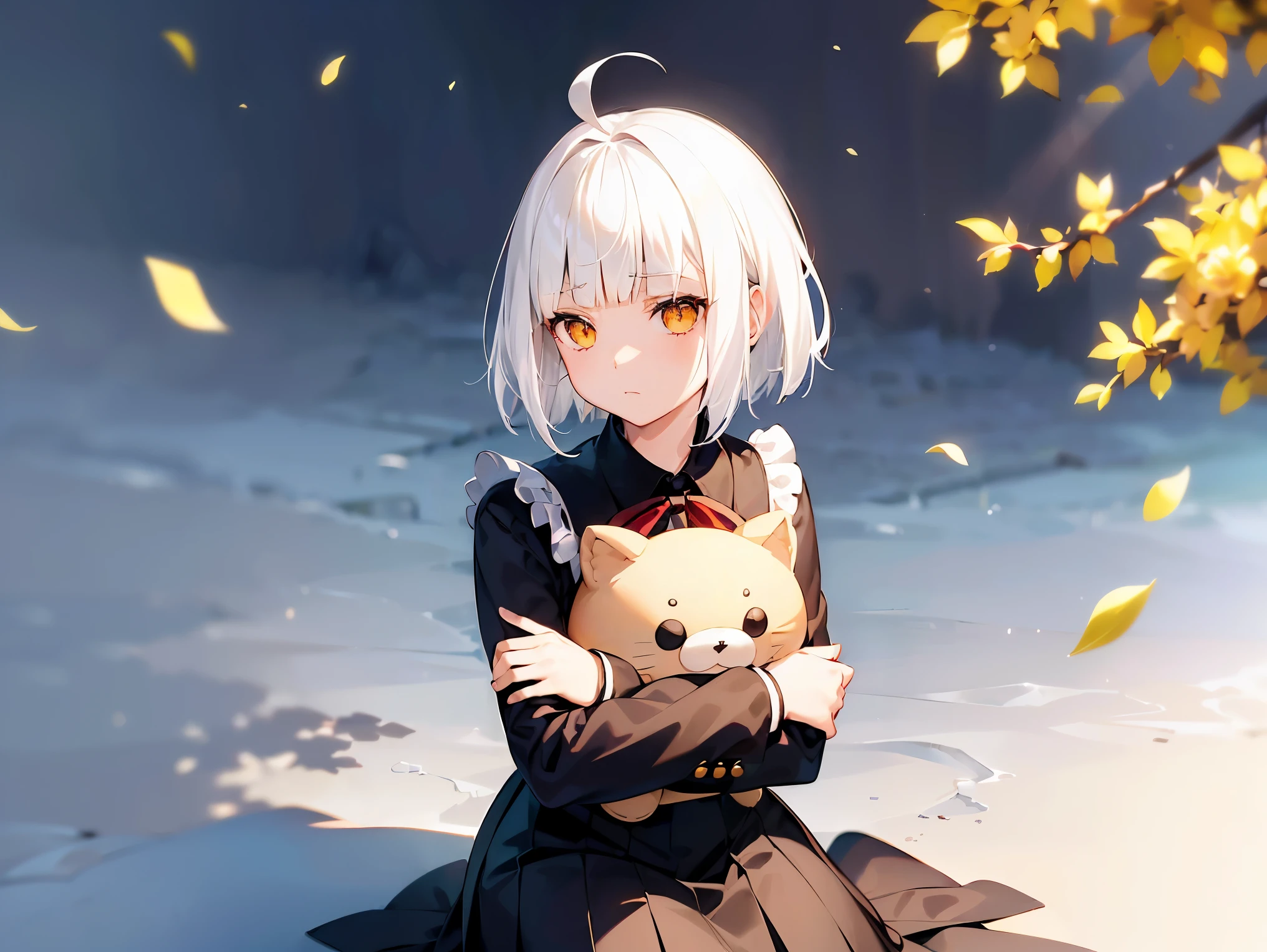 Cimematic vision, nigth, ((1girl)), (ta), ((((short white hair)))), (((blunt bangs))), yellow eyes, ((cabelo emaranhado)), ((((no expression)))), Sonolenta, ((ahoge)), ((black school uniform)), Red tie, desleixada, ((melhor qualidade)), ((obra de arte)), (detalhado), rosto perfeito, ((style novel)) sitting in bag, ((hugging plush)), cores beautiful, ((((style anime Shikimori-san))))
