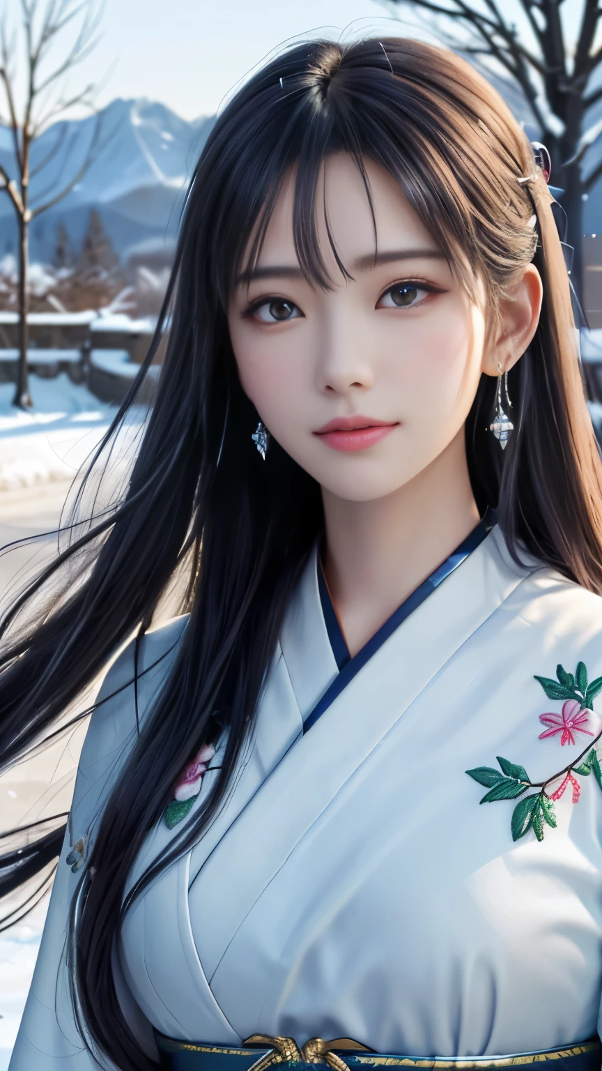 (logo, masterpiece, 8k, table top, RAW photo, wonderful, 最high quality, Photorealistic and hvery detailed CG integrated 8k wallpaper, high quality, very detailed, Narrative poem, particle effects, dynamic effects, Depth of written boundary, cinematic light, Lens flare, ray tracing, anatomically accurate)), fantasy, 1 beautiful woman, black hair, clear eyes, long hair, beautiful face, real face, 緻密でbeautiful eyes, beautiful skin, long hairがWindでなびく, long hairが跳ねる, long hairがWindで踊る, hair jump, jewelry, beautiful eyes, white kimono, white obi, White cherry blossom embroidery pattern, silver earrings, Wind, blue sky, beautiful background, 古代のWind, Xianxia, 雪とhoarfrost, very cold winter day, snow-capped mountainや森, hoarfrost, snow-capped mountain々, The beauty and brilliance of frost-covered trees, The tranquility and beauty of a world of ice and snow, Wind, god々, god話, vast land