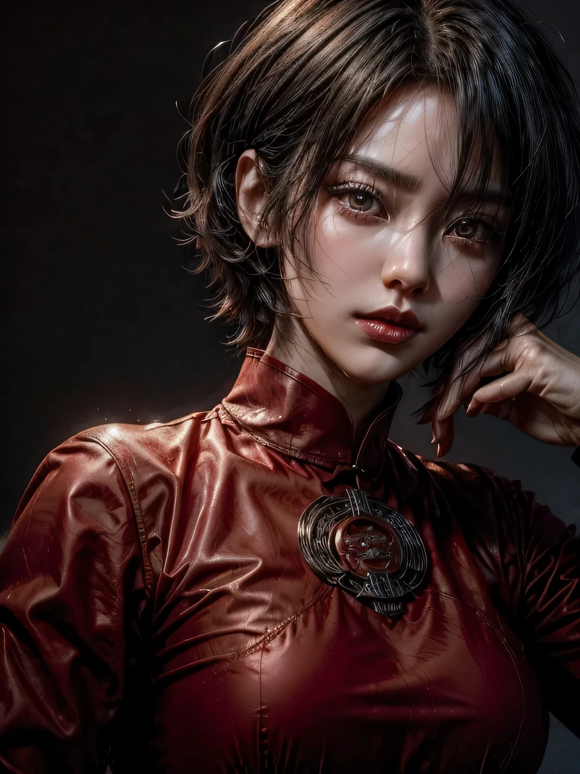 red dressを着た女性の接写, cinematic. beautiful。black hair。short hair。Hair with low volume。dark eye makeup。dark impression。wearing a red cheongsam。Asian。cool woman。finding。serious expression。red dressの戦闘服。black hair。short hair。Sound influenced by Ada Wong。beautiful女性。red dress。