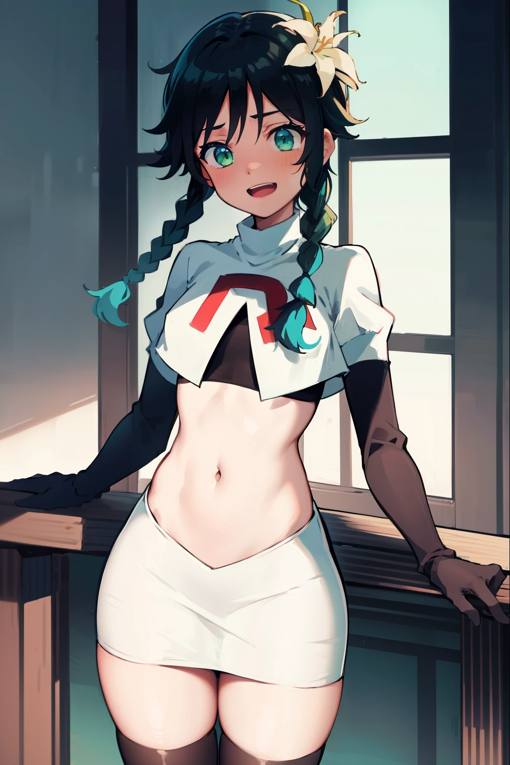 absurdres,venti,1boy, male focus, trap,black hair, green-blue hair, hair braid,hair flower,aqua green eyes,crossdressing,1boy,team rocket,team rocket uniform,white skirt,red letter R,crop top,black thigh-highs,black elbow gloves, laughing,happy, blush