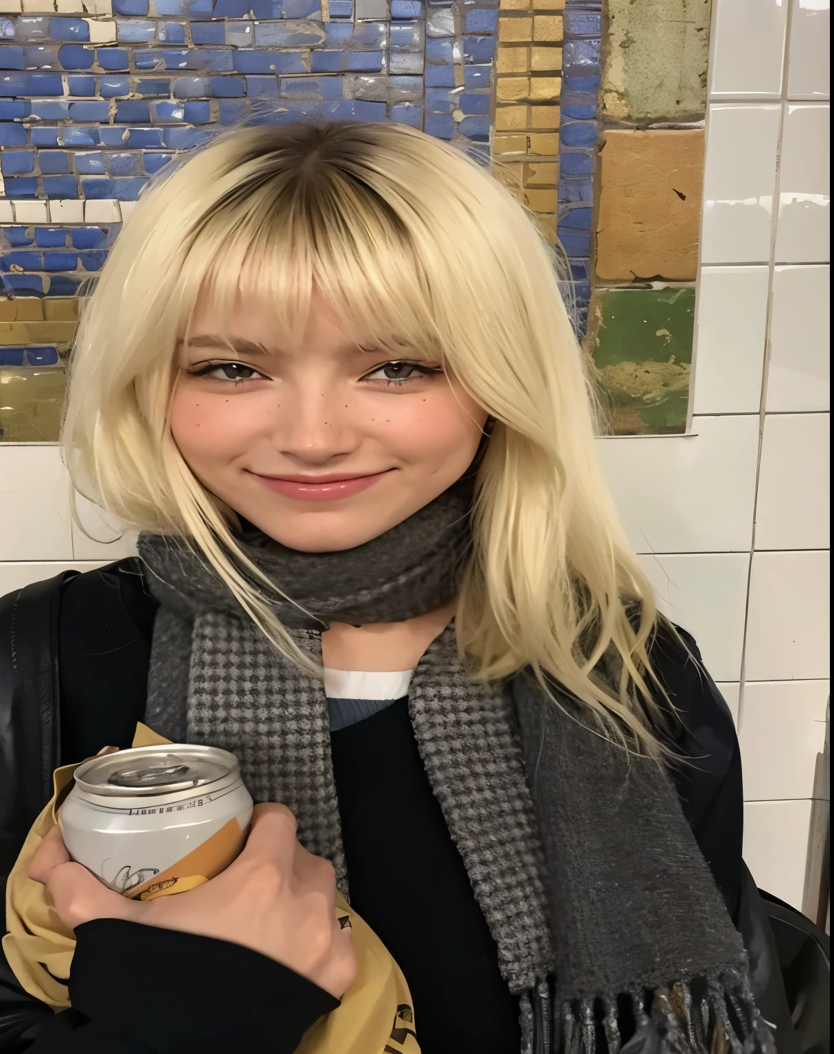 Blonde woman with a scarf and bandana around her neck holding a can of beer., flequillo blanco, hair flequillo blanco hair, flequillo blanco, pelo largo y blanco y flequillo, una chica con cabello rubio, en un metro, taken in the early 2020s, very very pale blonde hair, con flequillo, flequillo de cortina, extremely pale blonde hair, pale fur