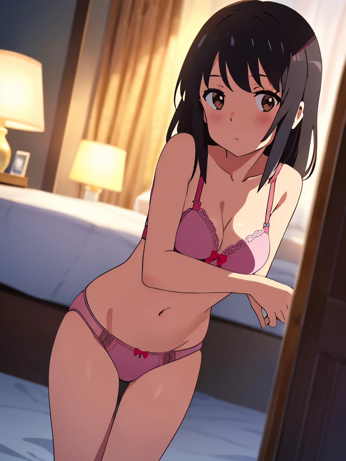 shinkai makoto, kimi no na wa., 1girl, mature wiman, bangs, black hair, brown eyes, twisted half up, red ribbon, long hair, solo, blush, looking at the viewer, arms up, sexy pose, cute, bedroom, night, lamp, light off, light pink bra, breast, medium breast, light pink panties, masterpiece,