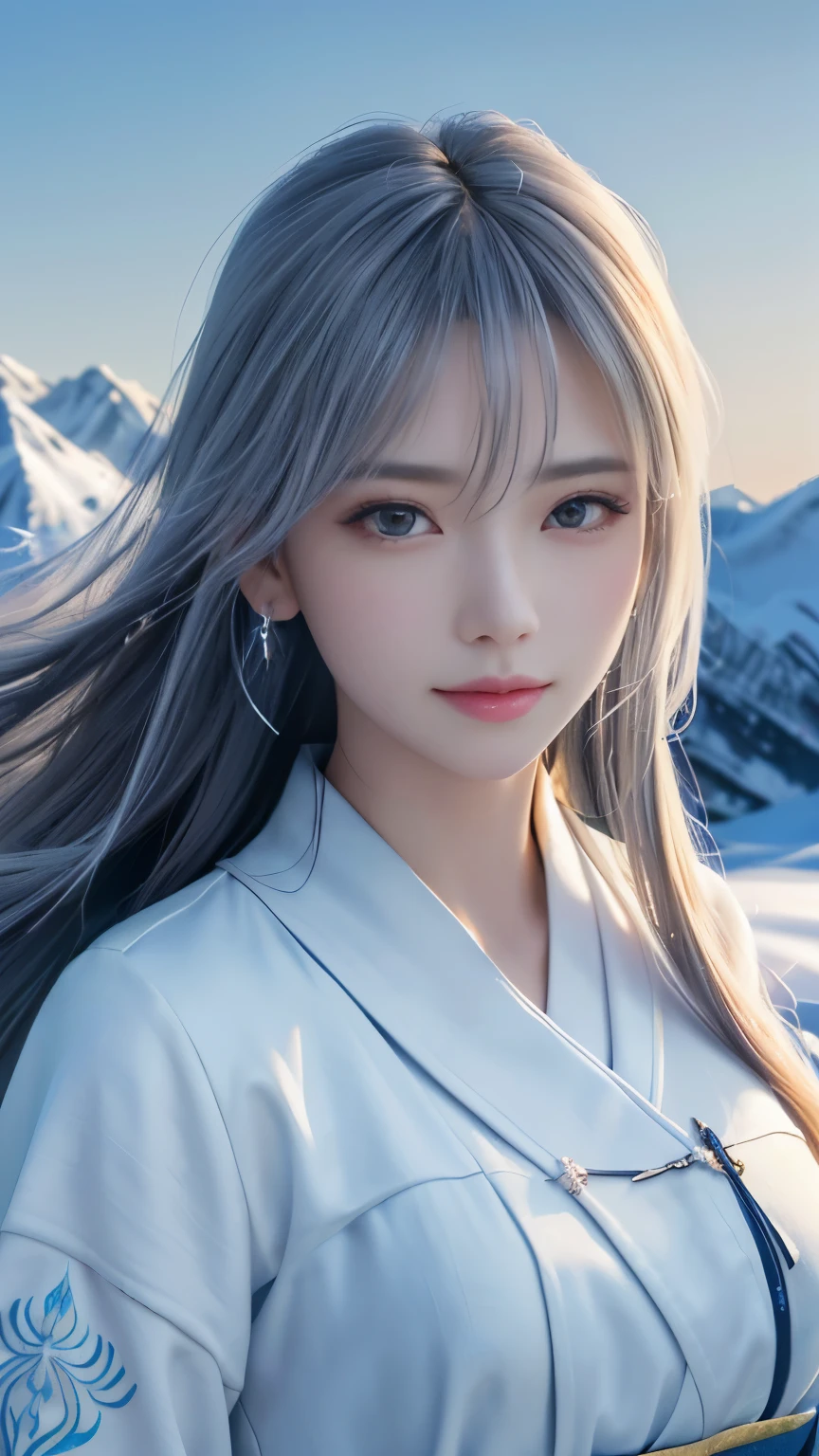 (logo, masterpiece, 8k, table top, RAW photo, wonderful, 最high quality, Photorealistic and hvery detailed CG integrated 8k wallpaper, high quality, very detailed, Narrative poem, particle effects, dynamic effects, Depth of written boundary, cinematic light, Lens flare, ray tracing, anatomically accurate)), fantasy, 1 beautiful woman, black hair, clear eyes, long hair, beautiful face, real face, 緻密でbeautiful eyes, beautiful skin, long hairがWindでなびく, long hairが跳ねる, long hairがWindで踊る, hair jump, jewelry, beautiful eyes, white kimono, white obi, White cherry blossom embroidery pattern, silver earrings, Wind, blue sky, beautiful background, 古代のWind, Xianxia, 雪とhoarfrost, very cold winter day, snow-capped mountainや森, hoarfrost, snow-capped mountain々, The beauty and brilliance of frost-covered trees, The tranquility and beauty of a world of ice and snow, Wind, god々, god話, vast land