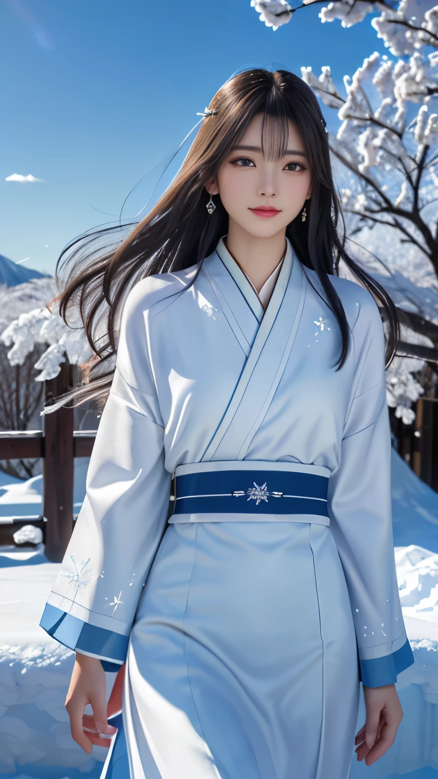 (logo, masterpiece, 8k, table top, RAW photo, wonderful, 最high quality, Photorealistic and hvery detailed CG integrated 8k wallpaper, high quality, very detailed, Narrative poem, particle effects, dynamic effects, Depth of written boundary, cinematic light, Lens flare, ray tracing, anatomically accurate)), fantasy, 1 beautiful woman, black hair, clear eyes, long hair, beautiful face, real face, 緻密でbeautiful eyes, beautiful skin, long hairがWindでなびく, long hairが跳ねる, long hairがWindで踊る, hair jump, jewelry, beautiful eyes, white kimono, white obi, White cherry blossom embroidery pattern, silver earrings, Wind, blue sky, beautiful background, 古代のWind, Xianxia, 雪とhoarfrost, very cold winter day, snow-capped mountainや森, hoarfrost, snow-capped mountain々, The beauty and brilliance of frost-covered trees, The tranquility and beauty of a world of ice and snow, Wind, god々, god話, vast land