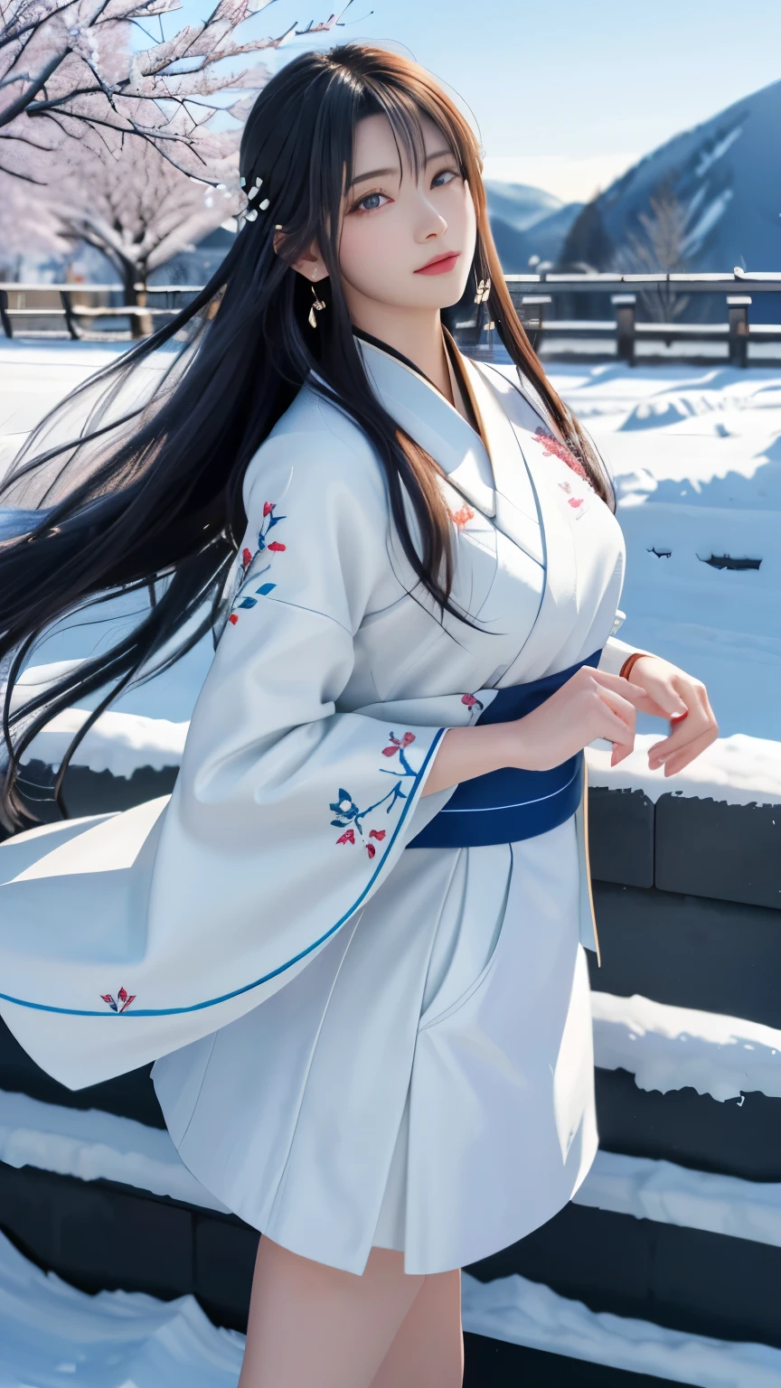 (logo, masterpiece, 8k, table top, RAW photo, wonderful, 最high quality, Photorealistic and hvery detailed CG integrated 8k wallpaper, high quality, very detailed, Narrative poem, particle effects, dynamic effects, Depth of written boundary, cinematic light, Lens flare, ray tracing, anatomically accurate)), fantasy, 1 beautiful woman, black hair, clear eyes, long hair, beautiful face, real face, 緻密でbeautiful eyes, beautiful skin, long hairがWindでなびく, long hairが跳ねる, long hairがWindで踊る, hair jump, jewelry, beautiful eyes, white kimono, white obi, White cherry blossom embroidery pattern, silver earrings, Wind, blue sky, beautiful background, 古代のWind, Xianxia, 雪とhoarfrost, very cold winter day, snow-capped mountainや森, hoarfrost, snow-capped mountain々, The beauty and brilliance of frost-covered trees, The tranquility and beauty of a world of ice and snow, Wind, god々, god話, vast land