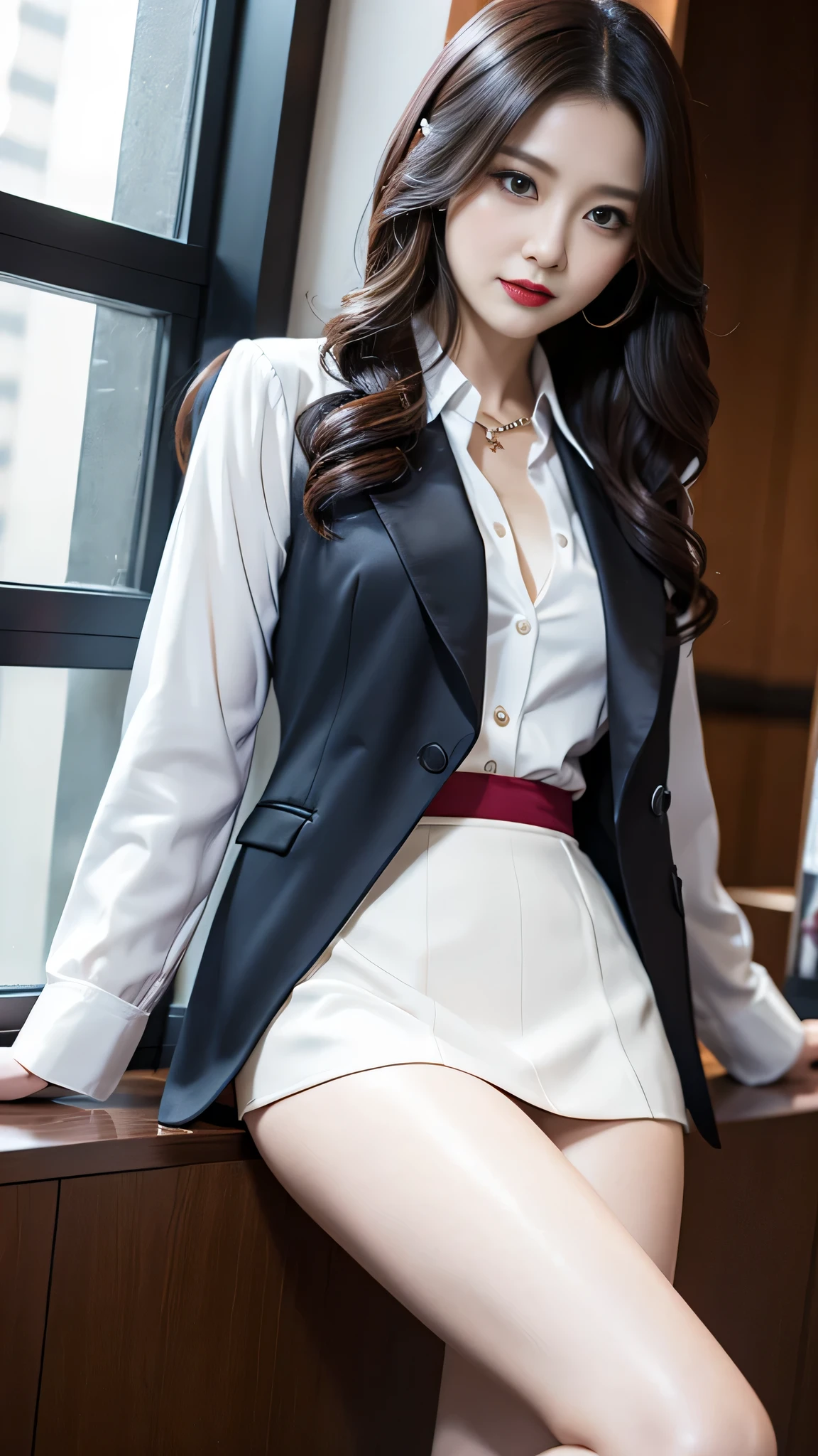 Super detailed、Japanese、charming beauty、seductive adult woman、Beautiful woman、sharp eyes、cool girl、wavy hair、suit、white blouse、Jacket、flare skirt、penis、Lustrous legs、evilの幹部、evil depravity、brainwashing、Mind control、lipstick、grin、evilな表情、evil、empty eyes、evil、evil laboratory、vampire、evil woman、vampire、lure、