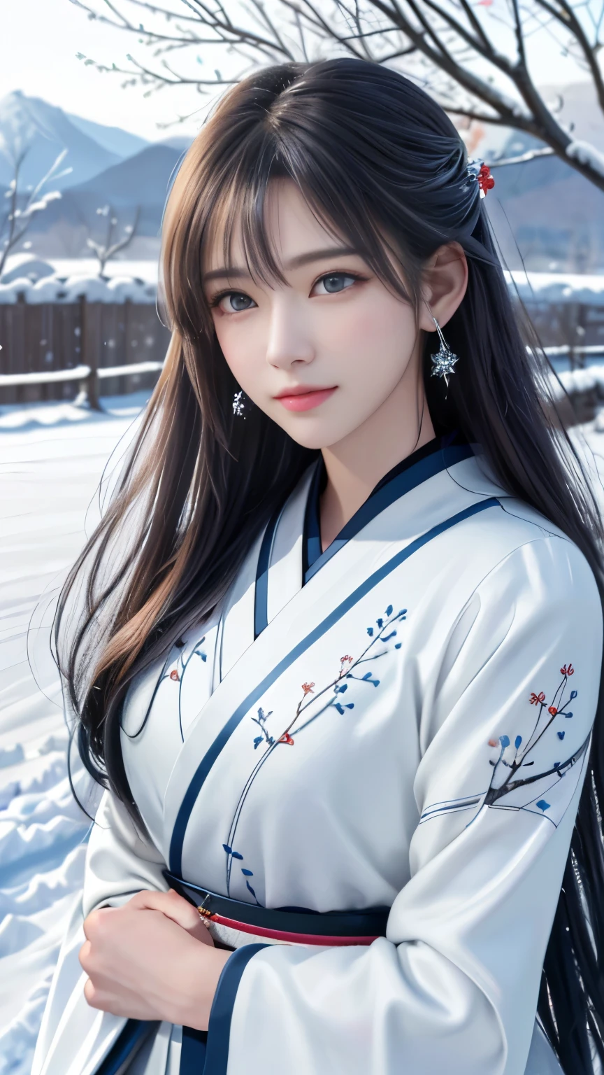 (logo, masterpiece, 8k, table top, RAW photo, wonderful, 最high quality, Photorealistic and hvery detailed CG integrated 8k wallpaper, high quality, very detailed, Narrative poem, particle effects, dynamic effects, Depth of written boundary, cinematic light, Lens flare, ray tracing, anatomically accurate)), fantasy, 1 beautiful woman, black hair, clear eyes, long hair, beautiful face, real face, 緻密でbeautiful eyes, beautiful skin, long hairがWindでなびく, long hairが跳ねる, long hairがWindで踊る, hair jump, jewelry, beautiful eyes, white kimono, white obi, White cherry blossom embroidery pattern, silver earrings, Wind, blue sky, beautiful background, 古代のWind, Xianxia, 雪とhoarfrost, very cold winter day, snow-capped mountainや森, hoarfrost, snow-capped mountain々, The beauty and brilliance of frost-covered trees, The tranquility and beauty of a world of ice and snow, Wind, god々, god話, vast land