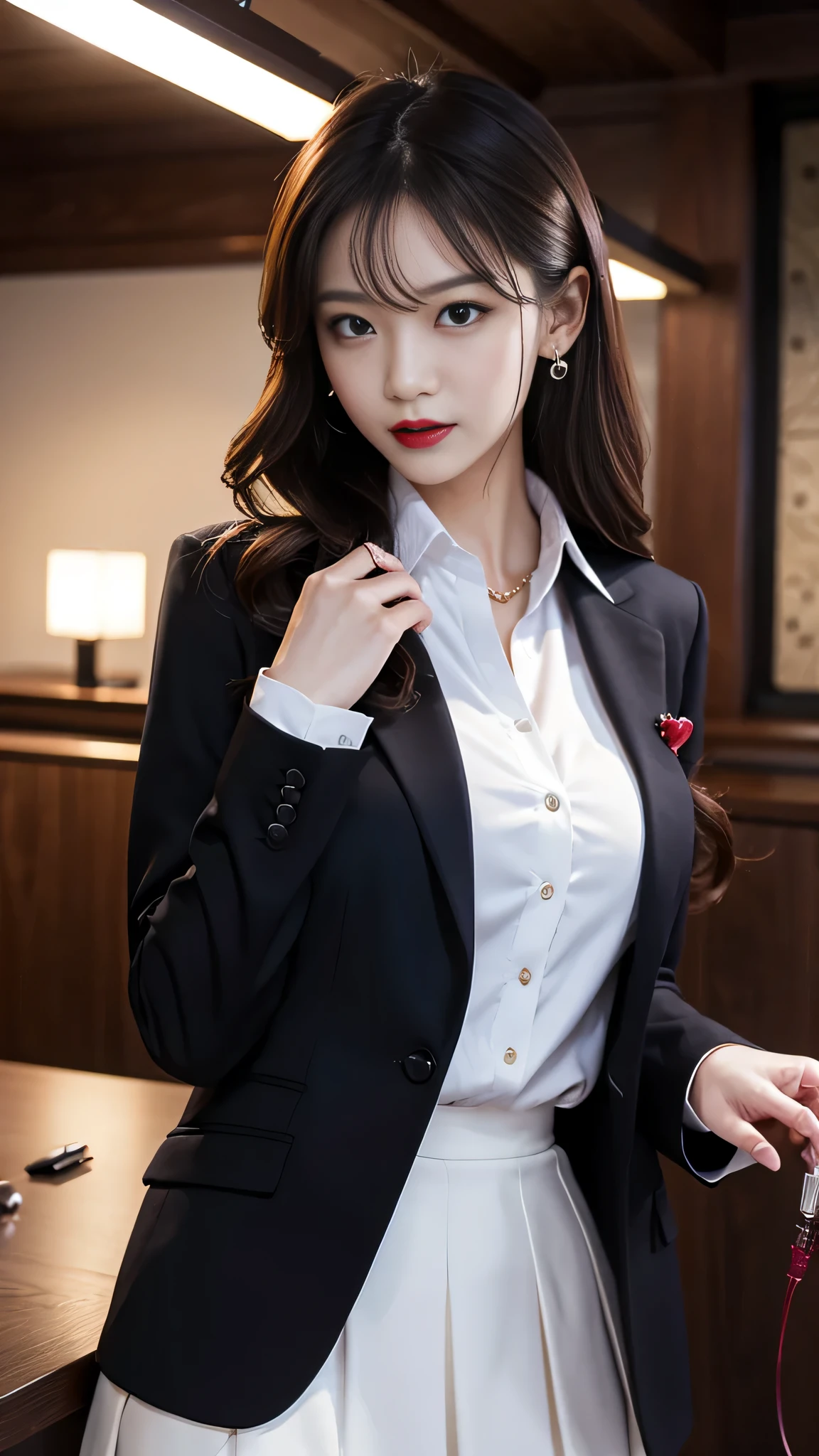 Super detailed、Japanese、charming beauty、seductive adult woman、Beautiful woman、sharp eyes、cool girl、wavy hair、suit、white blouse、Jacket、flare skirt、penis、Lustrous legs、evilの幹部、evil depravity、brainwashing、Mind control、lipstick、grin、evilな表情、evil、empty eyes、evil、evil laboratory、vampire、evil woman、vampire、lure、