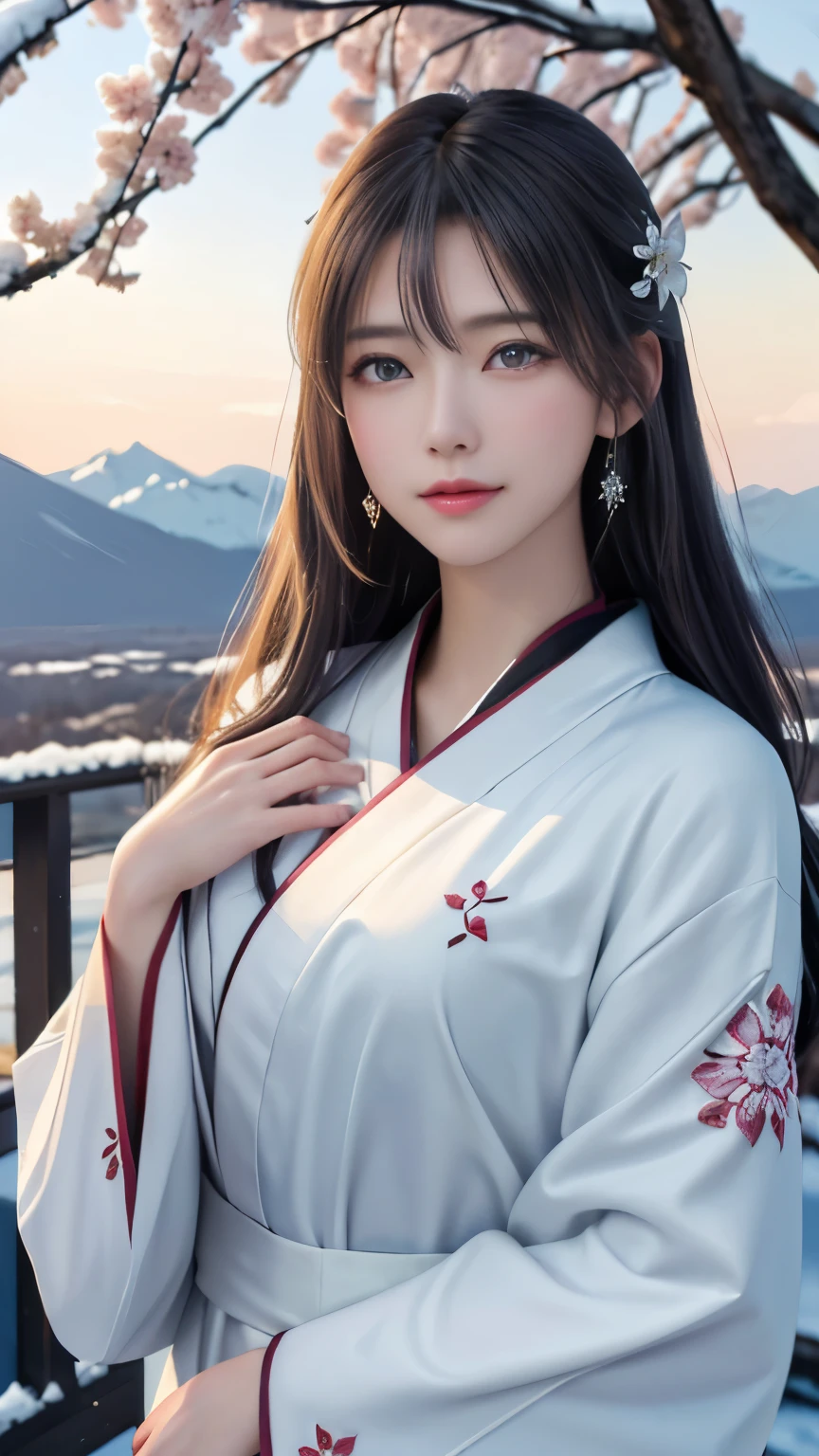 (logo, masterpiece, 8k, table top, RAW photo, wonderful, 最high quality, Photorealistic and hvery detailed CG integrated 8k wallpaper, high quality, very detailed, Narrative poem, particle effects, dynamic effects, Depth of written boundary, cinematic light, Lens flare, ray tracing, anatomically accurate)), fantasy, 1 beautiful woman, black hair, clear eyes, long hair, beautiful face, real face, 緻密でbeautiful eyes, beautiful skin, long hairがWindでなびく, long hairが跳ねる, long hairがWindで踊る, hair jump, jewelry, beautiful eyes, white kimono, white obi, White cherry blossom embroidery pattern, silver earrings, Wind, blue sky, beautiful background, 古代のWind, Xianxia, 雪とhoarfrost, very cold winter day, snow-capped mountainや森, hoarfrost, snow-capped mountain々, The beauty and brilliance of frost-covered trees, The tranquility and beauty of a world of ice and snow, Wind, god々, god話, vast land