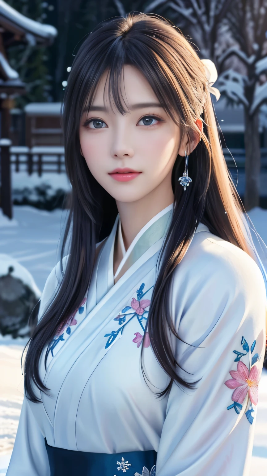 (logo, masterpiece, 8k, table top, RAW photo, wonderful, 最high quality, Photorealistic and hvery detailed CG integrated 8k wallpaper, high quality, very detailed, Narrative poem, particle effects, dynamic effects, Depth of written boundary, cinematic light, Lens flare, ray tracing, anatomically accurate)), fantasy, 1 beautiful woman, black hair, clear eyes, long hair, beautiful face, real face, 緻密でbeautiful eyes, beautiful skin, long hairがWindでなびく, long hairが跳ねる, long hairがWindで踊る, hair jump, jewelry, beautiful eyes, white kimono, white obi, White cherry blossom embroidery pattern, silver earrings, Wind, blue sky, beautiful background, 古代のWind, Xianxia, 雪とhoarfrost, very cold winter day, snow-capped mountainや森, hoarfrost, snow-capped mountain々, The beauty and brilliance of frost-covered trees, The tranquility and beauty of a world of ice and snow, Wind, god々, god話, vast land