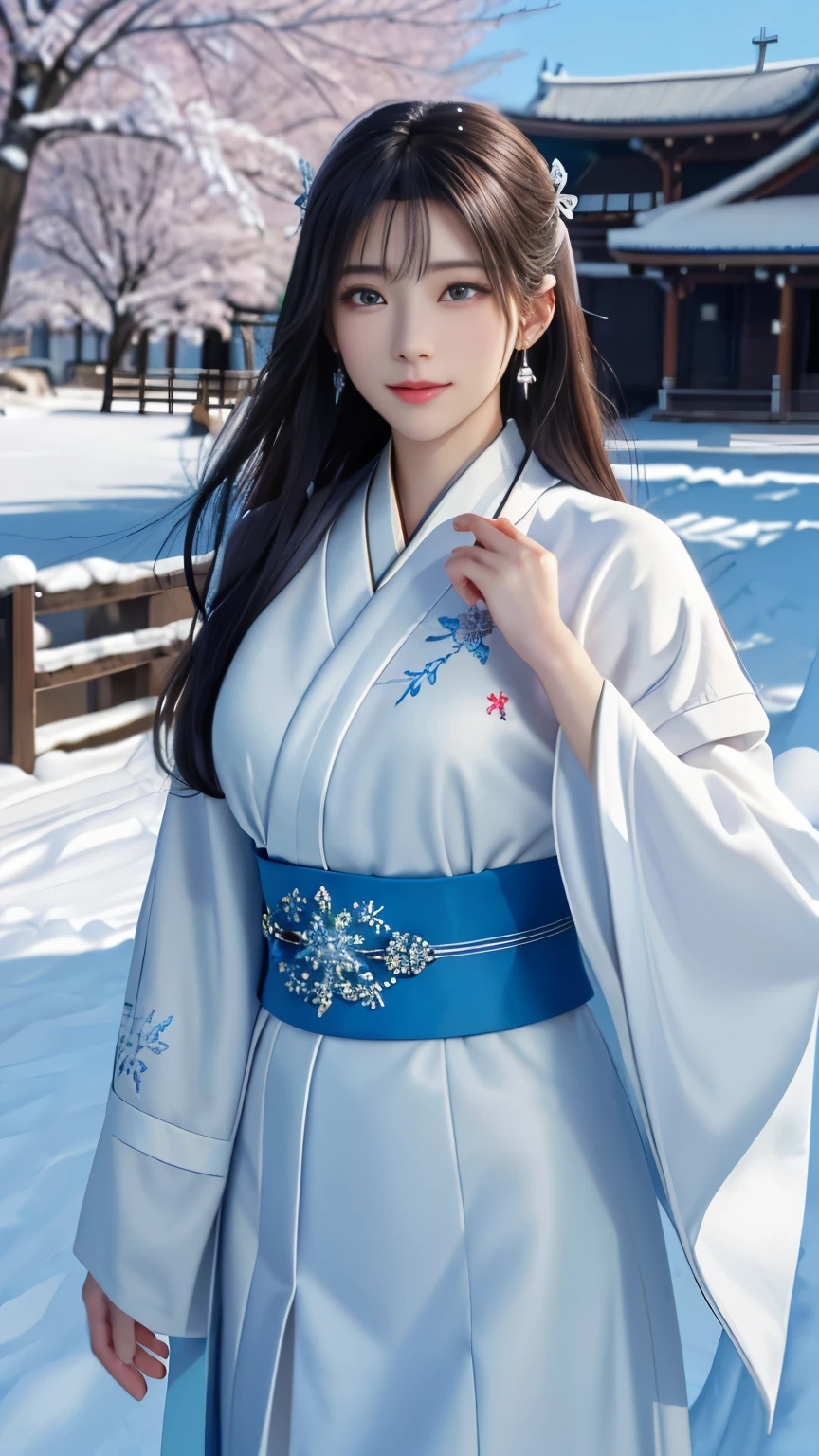 (logo, masterpiece, 8k, table top, RAW photo, wonderful, 最high quality, Photorealistic and hvery detailed CG integrated 8k wallpaper, high quality, very detailed, Narrative poem, particle effects, dynamic effects, Depth of written boundary, cinematic light, Lens flare, ray tracing, anatomically accurate)), fantasy, 1 beautiful woman, black hair, clear eyes, long hair, beautiful face, real face, 緻密でbeautiful eyes, beautiful skin, long hairがWindでなびく, long hairが跳ねる, long hairがWindで踊る, hair jump, jewelry, beautiful eyes, white kimono, white obi, White cherry blossom embroidery pattern, silver earrings, Wind, blue sky, beautiful background, 古代のWind, Xianxia, 雪とhoarfrost, very cold winter day, snow-capped mountainや森, hoarfrost, snow-capped mountain々, The beauty and brilliance of frost-covered trees, The tranquility and beauty of a world of ice and snow, Wind, god々, god話, vast land