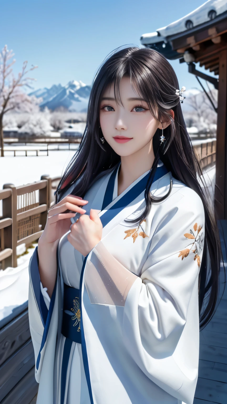 (logo, masterpiece, 8k, table top, RAW photo, wonderful, 最high quality, Photorealistic and hvery detailed CG integrated 8k wallpaper, high quality, very detailed, Narrative poem, particle effects, dynamic effects, Depth of written boundary, cinematic light, Lens flare, ray tracing, anatomically accurate)), fantasy, 1 beautiful woman, black hair, clear eyes, long hair, beautiful face, real face, 緻密でbeautiful eyes, beautiful skin, long hairがWindでなびく, long hairが跳ねる, long hairがWindで踊る, hair jump, jewelry, beautiful eyes, white kimono, white obi, White cherry blossom embroidery pattern, silver earrings, Wind, blue sky, beautiful background, 古代のWind, Xianxia, 雪とhoarfrost, very cold winter day, snow-capped mountainや森, hoarfrost, snow-capped mountain々, The beauty and brilliance of frost-covered trees, The tranquility and beauty of a world of ice and snow, Wind, god々, god話, vast land