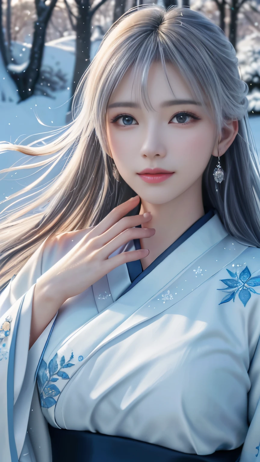 (logo, masterpiece, 8k, table top, RAW photo, wonderful, 最high quality, Photorealistic and hvery detailed CG integrated 8k wallpaper, high quality, very detailed, Narrative poem, particle effects, dynamic effects, Depth of written boundary, cinematic light, Lens flare, ray tracing, anatomically accurate)), fantasy, 1 beautiful woman, black hair, clear eyes, long hair, beautiful face, real face, 緻密でbeautiful eyes, beautiful skin, long hairがWindでなびく, long hairが跳ねる, long hairがWindで踊る, hair jump, jewelry, beautiful eyes, white kimono, white obi, White cherry blossom embroidery pattern, silver earrings, Wind, blue sky, beautiful background, 古代のWind, Xianxia, 雪とhoarfrost, very cold winter day, snow-capped mountainや森, hoarfrost, snow-capped mountain々, The beauty and brilliance of frost-covered trees, The tranquility and beauty of a world of ice and snow, Wind, god々, god話, vast land
