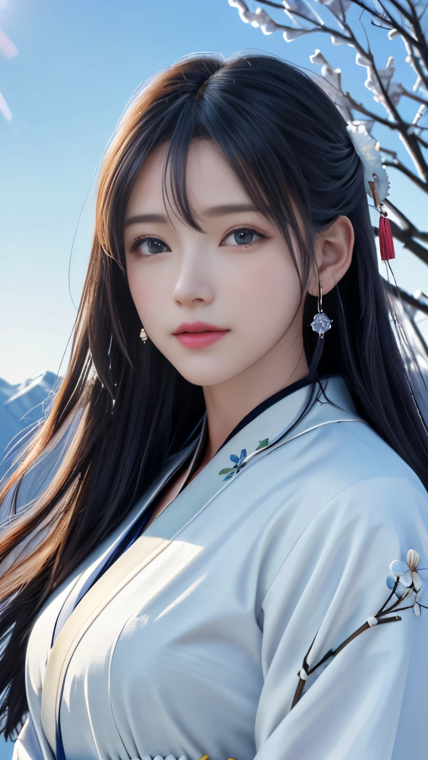 (logo, masterpiece, 8k, table top, RAW photo, wonderful, 最high quality, Photorealistic and hvery detailed CG integrated 8k wallpaper, high quality, very detailed, Narrative poem, particle effects, dynamic effects, Depth of written boundary, cinematic light, Lens flare, ray tracing, anatomically accurate)), fantasy, 1 beautiful woman, black hair, clear eyes, long hair, beautiful face, real face, 緻密でbeautiful eyes, beautiful skin, long hairがWindでなびく, long hairが跳ねる, long hairがWindで踊る, hair jump, jewelry, beautiful eyes, white kimono, white obi, White cherry blossom embroidery pattern, silver earrings, Wind, blue sky, beautiful background, 古代のWind, Xianxia, 雪とhoarfrost, very cold winter day, snow-capped mountainや森, hoarfrost, snow-capped mountain々, The beauty and brilliance of frost-covered trees, The tranquility and beauty of a world of ice and snow, Wind, god々, god話, vast land