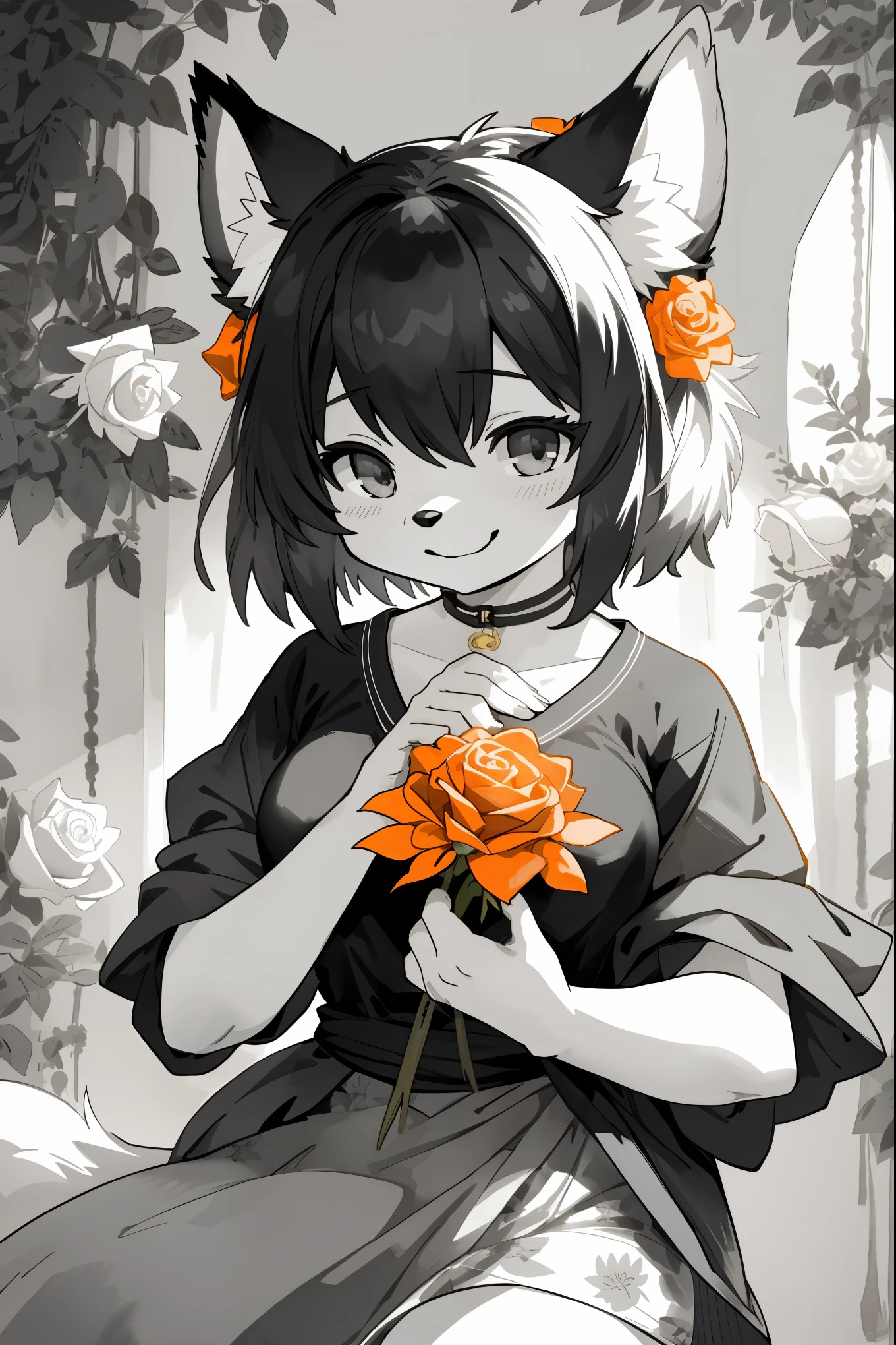 monochrome, watercolor, highres, top quality, best quality, paid reward available, High-quality illustrations, unparalleled masterpiece, perfect artwork, absurdres, 1girl, kemono, furry, detailed body fur, animal face, animal hand, Archaic Smile, holding a cluster of orange Rose in both hands, which are positioned at chest level, She is wearing a simple ring on the ring finger of her left hand, unfocused spread of orange rose, fan-created work shared on platforms Pixiv or Twitter,