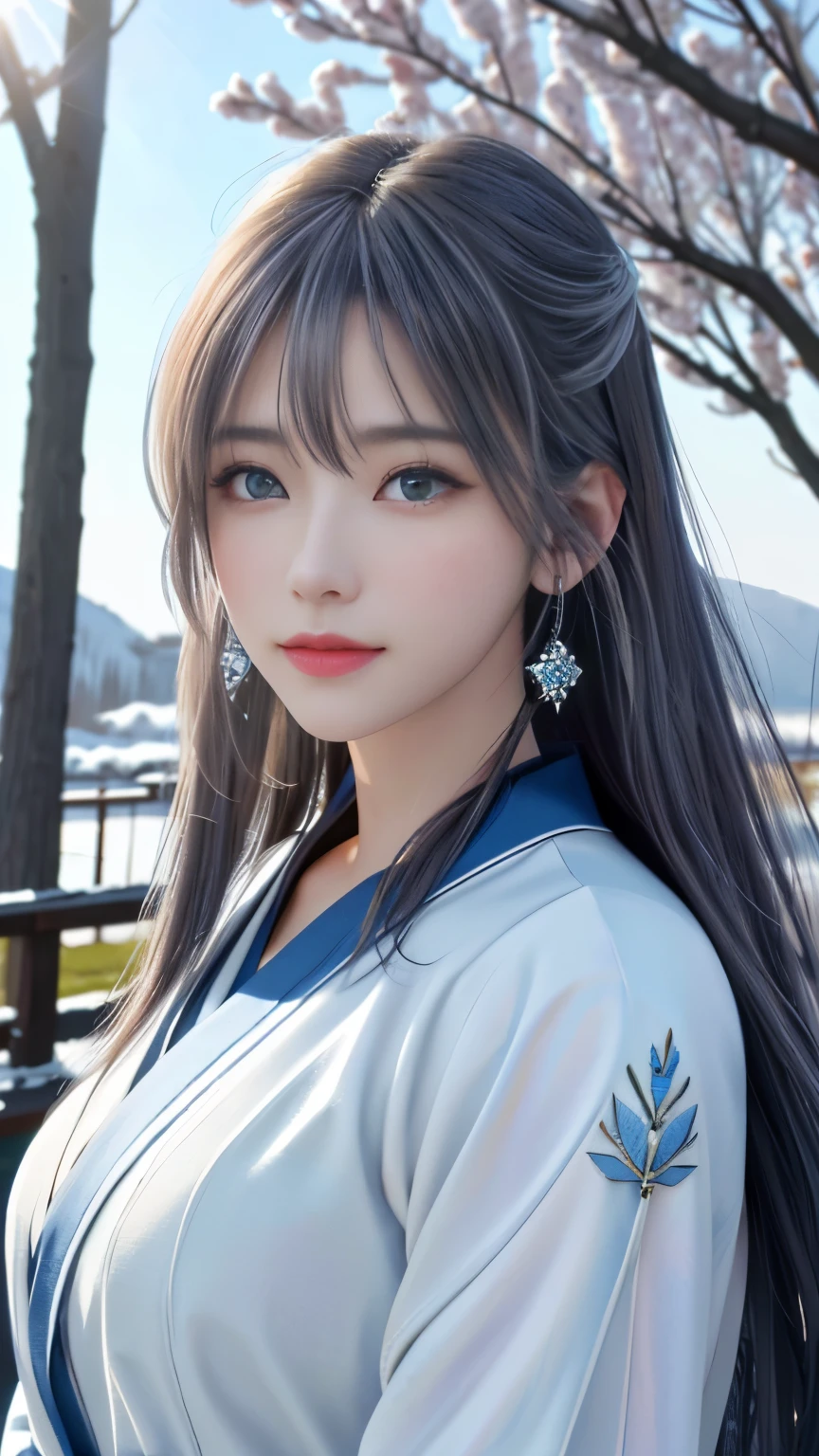 (logo, masterpiece, 8k, table top, RAW photo, wonderful, 最high quality, Photorealistic and hvery detailed CG integrated 8k wallpaper, high quality, very detailed, Narrative poem, particle effects, dynamic effects, Depth of written boundary, cinematic light, Lens flare, ray tracing, anatomically accurate)), fantasy, 1 beautiful woman, silver hair, clear eyes, long hair, beautiful face, real face, 緻密でbeautiful eyes, beautiful skin, long hairがWindでなびく, long hairが跳ねる, long hairがWindで踊る, hair jump, jewelry, beautiful eyes, white kimono, white obi, White cherry blossom embroidery pattern, silver earrings, Wind, blue sky, beautiful background, 古代のWind, Xianxia, 雪とhoarfrost, very cold winter day, snow-capped mountainや森, hoarfrost, snow-capped mountain々, The beauty and brilliance of frost-covered trees, The tranquility and beauty of a world of ice and snow, Wind, god々, god話, vast land