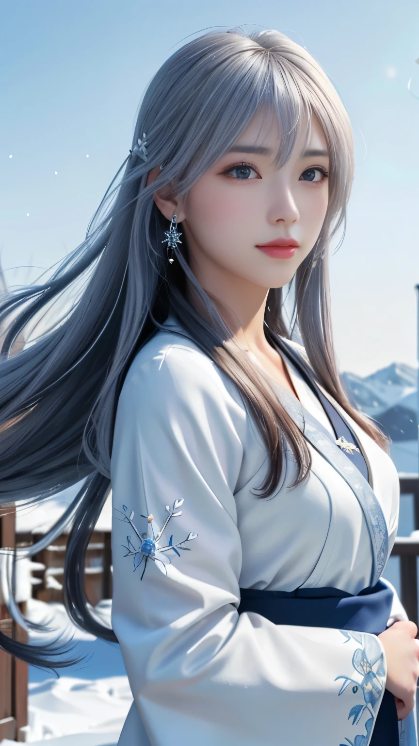 (logo, masterpiece, 8k, table top, RAW photo, wonderful, 最high quality, Photorealistic and hvery detailed CG integrated 8k wallpaper, high quality, very detailed, Narrative poem, particle effects, dynamic effects, Depth of written boundary, cinematic light, Lens flare, ray tracing, anatomically accurate)), fantasy, 1 beautiful woman, silver hair, clear eyes, long hair, beautiful face, real face, 緻密でbeautiful eyes, beautiful skin, long hairがWindでなびく, long hairが跳ねる, long hairがWindで踊る, hair jump, jewelry, beautiful eyes, white kimono, white obi, White cherry blossom embroidery pattern, silver earrings, Wind, blue sky, beautiful background, 古代のWind, Xianxia, 雪とhoarfrost, very cold winter day, snow-capped mountainや森, hoarfrost, snow-capped mountain々, The beauty and brilliance of frost-covered trees, The tranquility and beauty of a world of ice and snow, Wind, god々, god話, vast land