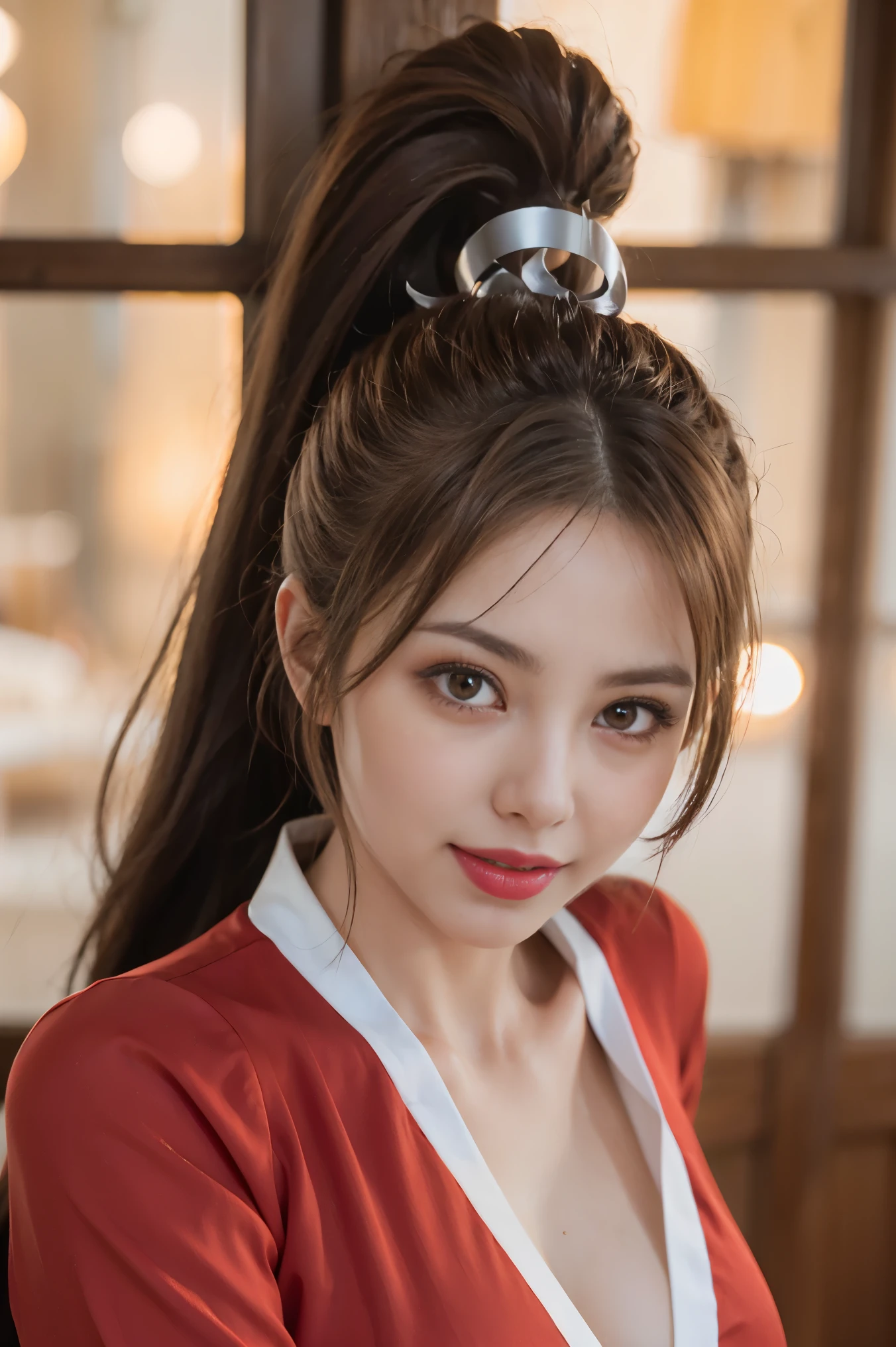 on the table, best quality, actual, super detailed, finely, high resolution, 8k wallpaper, 1 beautiful woman,, light brown messy hair, red clothes, sharp focus, Perfect dynamic composition, Beautiful and delicate eyes, ponytail, Detailed actual skin texture, Smile, closeup portrait, model figure,split, huge breasts,Japanese beauty