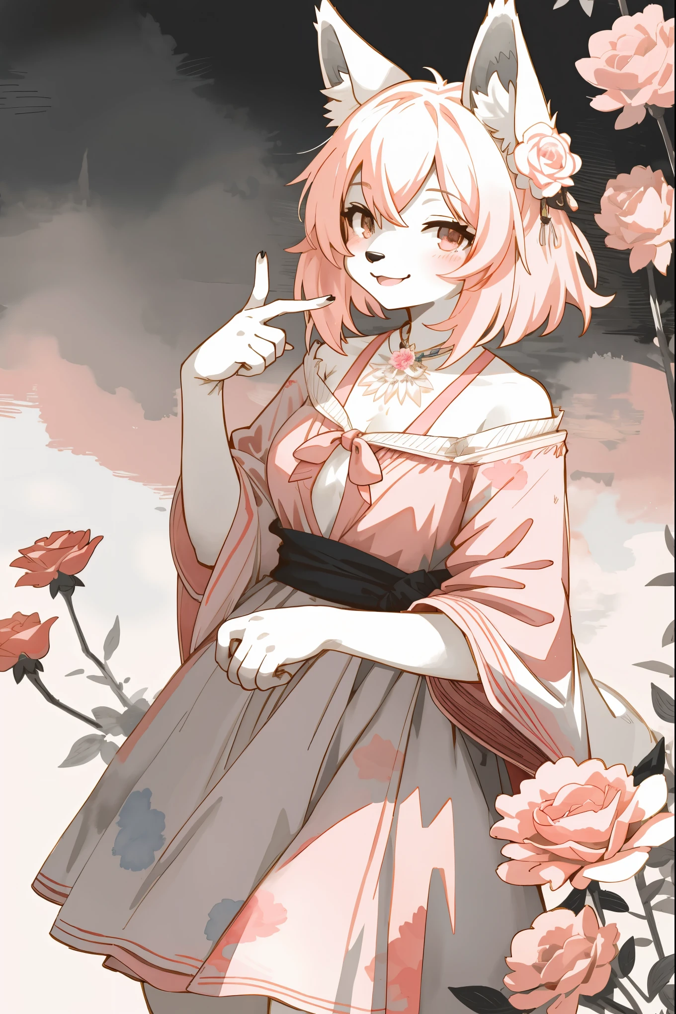 monochrome, watercolor, highres, top quality, best quality, paid reward available, High-quality illustrations, unparalleled masterpiece, perfect artwork, absurdres, 1girl, kemono, furry, detailed body fur, animal face, animal hand, Archaic Smile, holding a cluster of pink carnation in both hands, which are positioned at chest level, She is wearing a simple ring on the ring finger of her left hand, unfocused spread of orange rose, fan-created work shared on platforms Pixiv or Twitter,