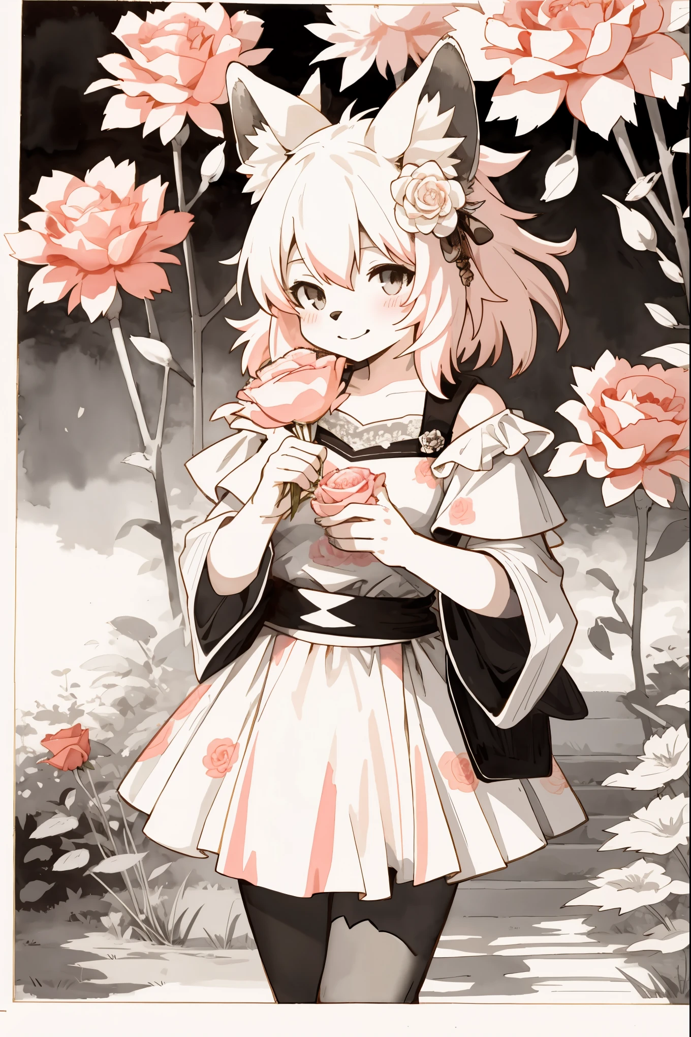 monochrome, watercolor, highres, top quality, best quality, paid reward available, High-quality illustrations, unparalleled masterpiece, perfect artwork, absurdres, 1girl, kemono, furry, detailed body fur, animal face, animal hand, Archaic Smile, holding a cluster of pink carnation in both hands, which are positioned at chest level, She is wearing a simple ring on the ring finger of her left hand, unfocused spread of orange rose, fan-created work shared on platforms Pixiv or Twitter,
