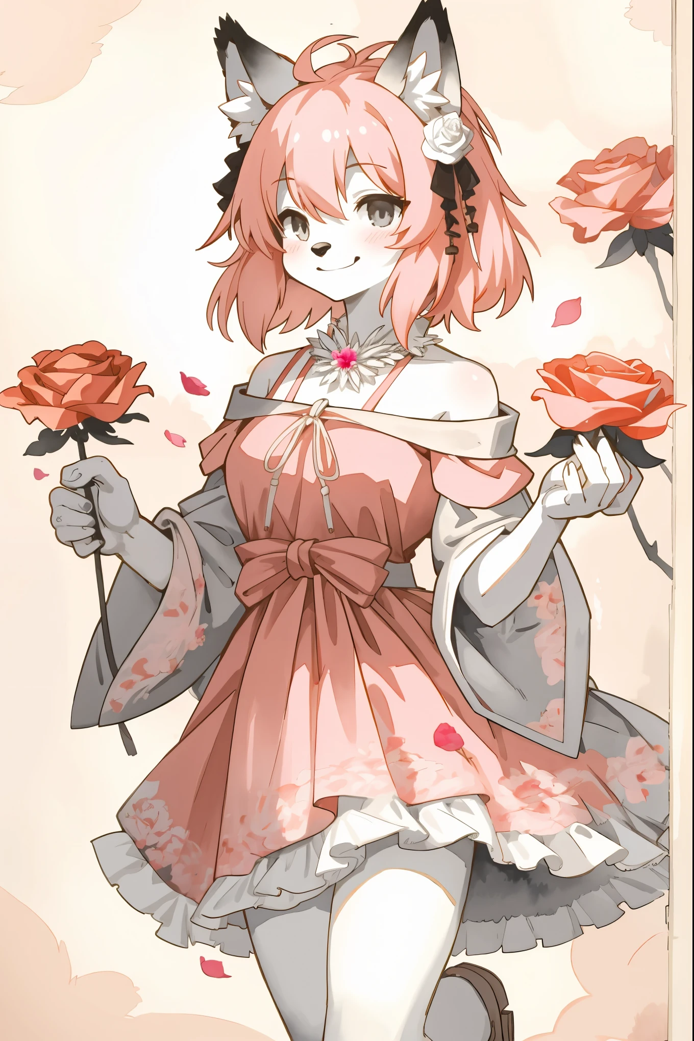 monochrome, watercolor, highres, top quality, best quality, paid reward available, High-quality illustrations, unparalleled masterpiece, perfect artwork, absurdres, 1girl, kemono, furry, detailed body fur, animal face, animal hand, Archaic Smile, holding a cluster of pink carnation in both hands, which are positioned at chest level, She is wearing a simple ring on the ring finger of her left hand, unfocused spread of orange rose, fan-created work shared on platforms Pixiv or Twitter,