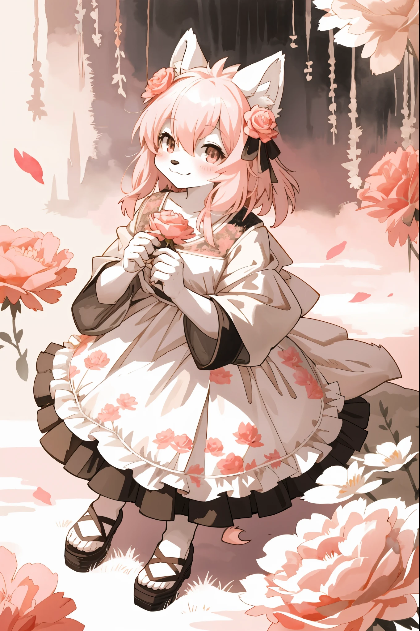 monochrome, watercolor, highres, top quality, best quality, paid reward available, High-quality illustrations, unparalleled masterpiece, perfect artwork, absurdres, 1girl, kemono, furry, detailed body fur, animal face, animal hand, Archaic Smile, holding a cluster of pink carnation in both hands, which are positioned at chest level, She is wearing a simple ring on the ring finger of her left hand, unfocused spread of orange rose, fan-created work shared on platforms Pixiv or Twitter,