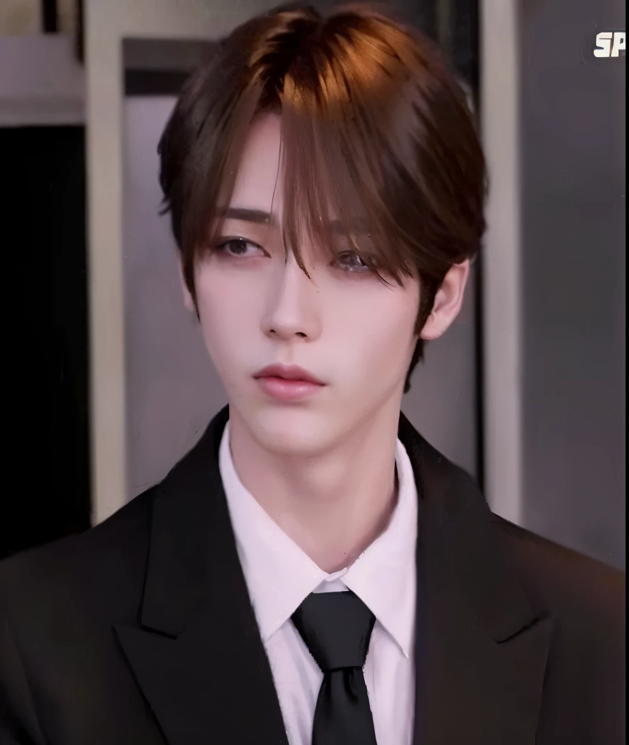 blurred image of a man in a suit and tie looking at the camera, Jung Jaehyun, handsome androgynous prince, delicate androgynous prince, handsome prince, ironic smile, Cai Xukun, ele parece muito sofisticado, Kim Doyoung, Serious and sad look in your eyes, young pale angel, com o mesmo penteado, Jungkook, muito bonito