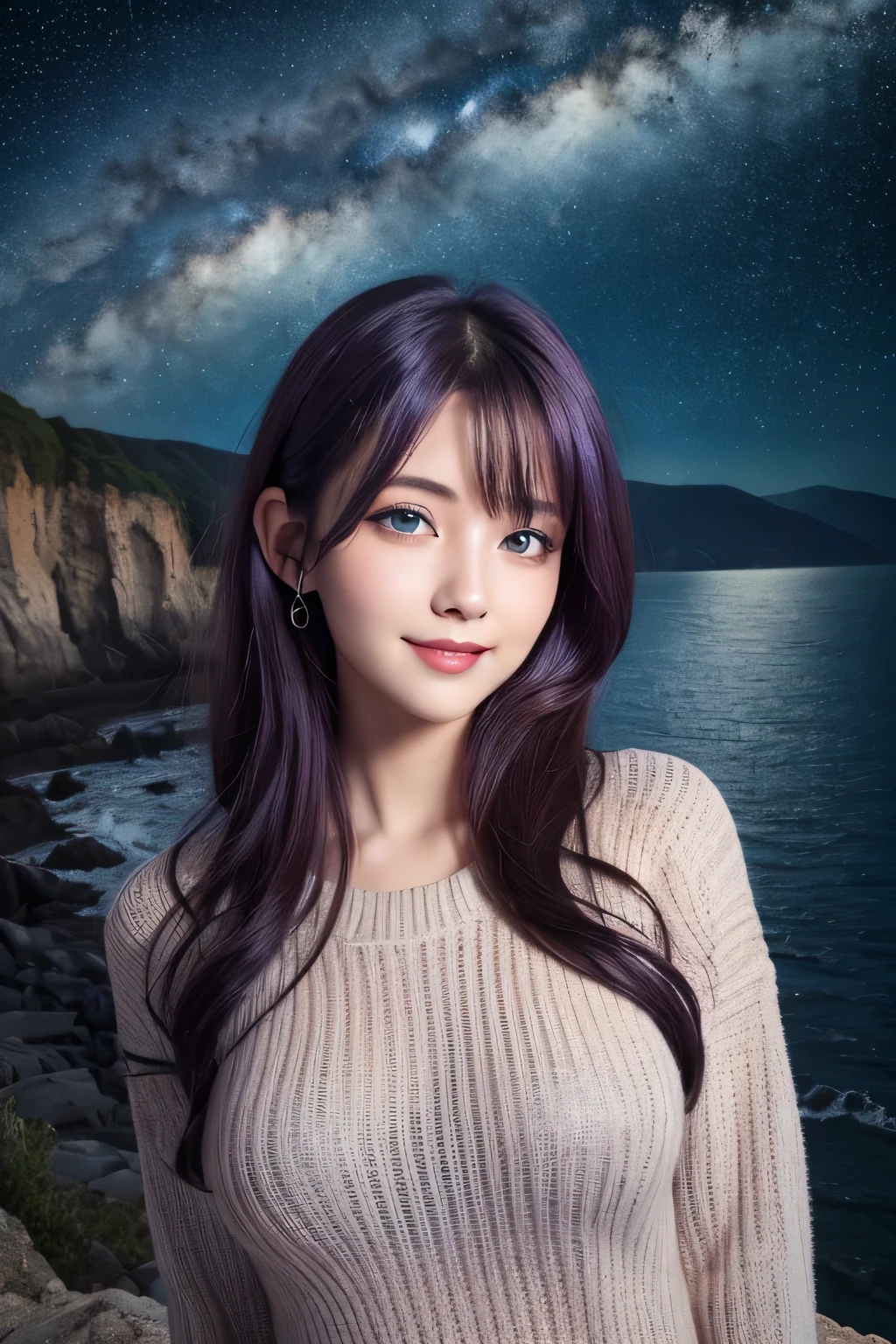 ((masterpiece)), ((highest quality)), (super detailed), ((cute)), cute, (Lovely), ((very detailed)), 4k, (8k), highest quality, (beautiful), figure, close, on the cliff, starry night, milky way, midnight, (outside:1.3), a beautiful woman, 28 years old, alone, ((sweater)), beautiful purple hair, beautiful blue eyes, ((beautiful eyes)), long hair, big breasts, smile