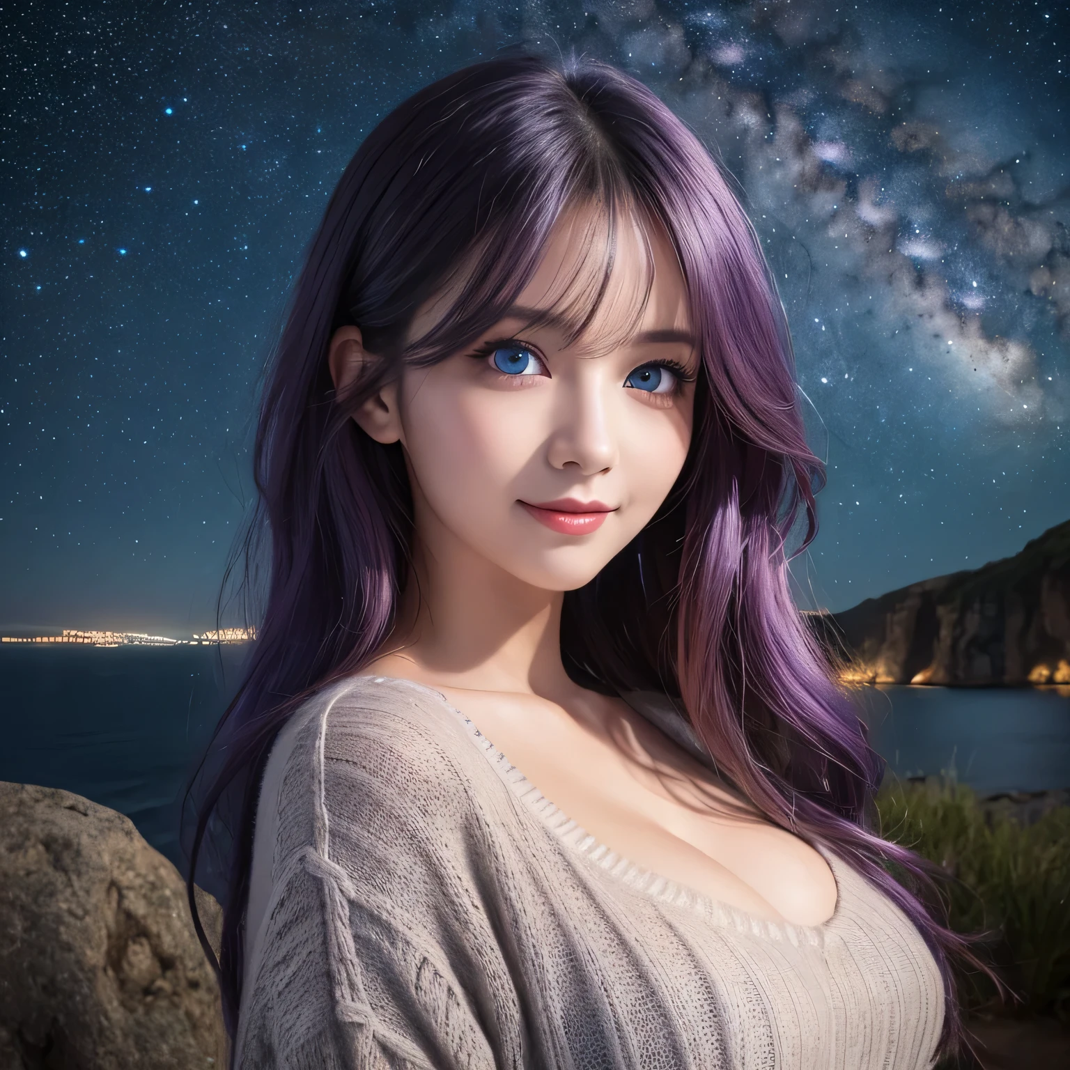 ((masterpiece)), ((highest quality)), (super detailed), ((cute)), cute, (Lovely), ((very detailed)), 4k, (8k), highest quality, (beautiful), figure, close, on the cliff, starry night, milky way, midnight, (outside:1.3), a beautiful woman, 28 years old, alone, ((sweater)), beautiful purple hair, beautiful blue eyes, ((beautiful eyes)), long hair, big breasts, smile