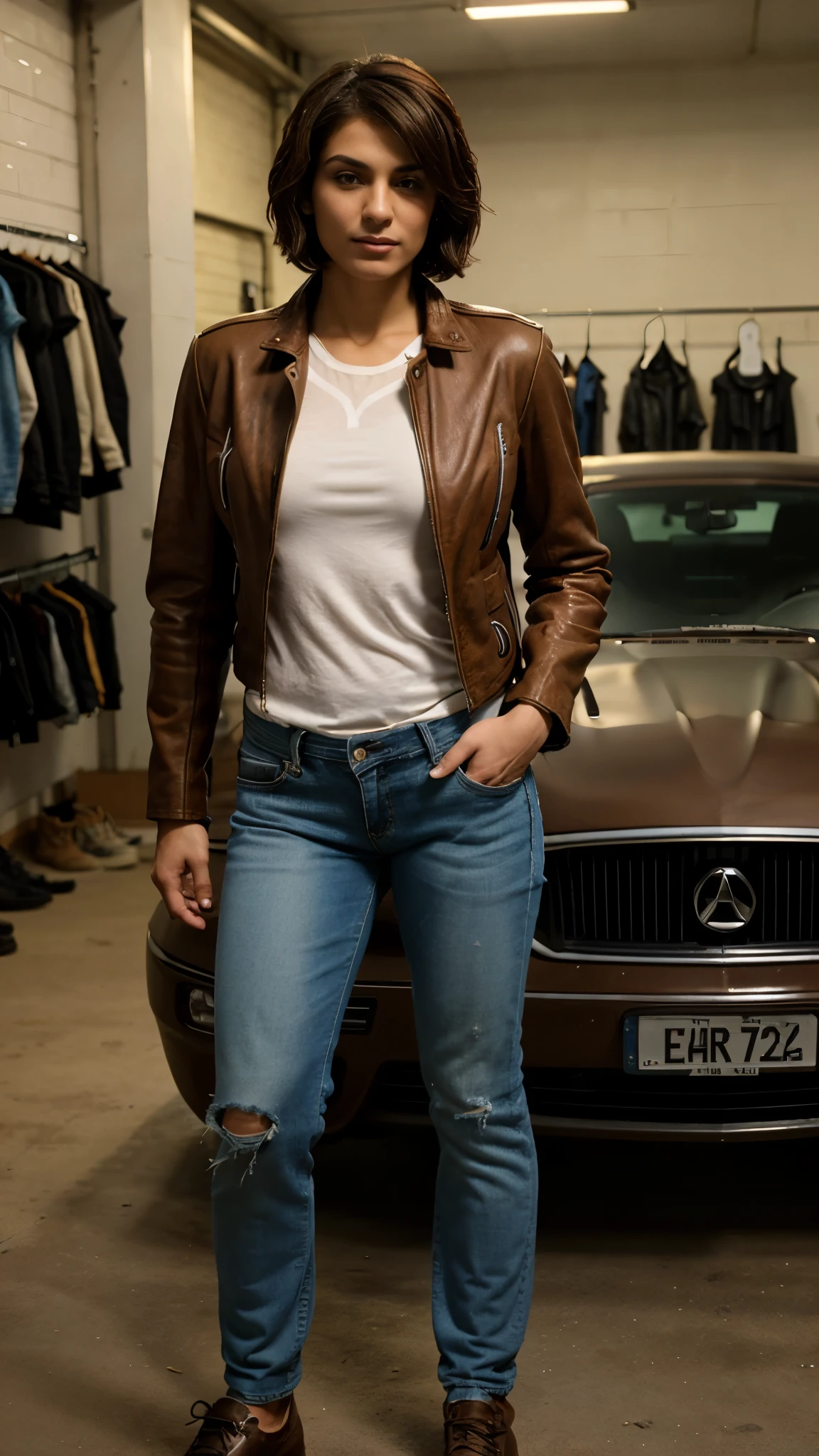 A muscular short haired arabic woman crossdressing as a man wearing leather jacket, man's shirt, man's loose long jeans, and man's shoes, she is standing masculinely in a workshop after fixing up a car, she behaves masculinely like a man facing to the camera