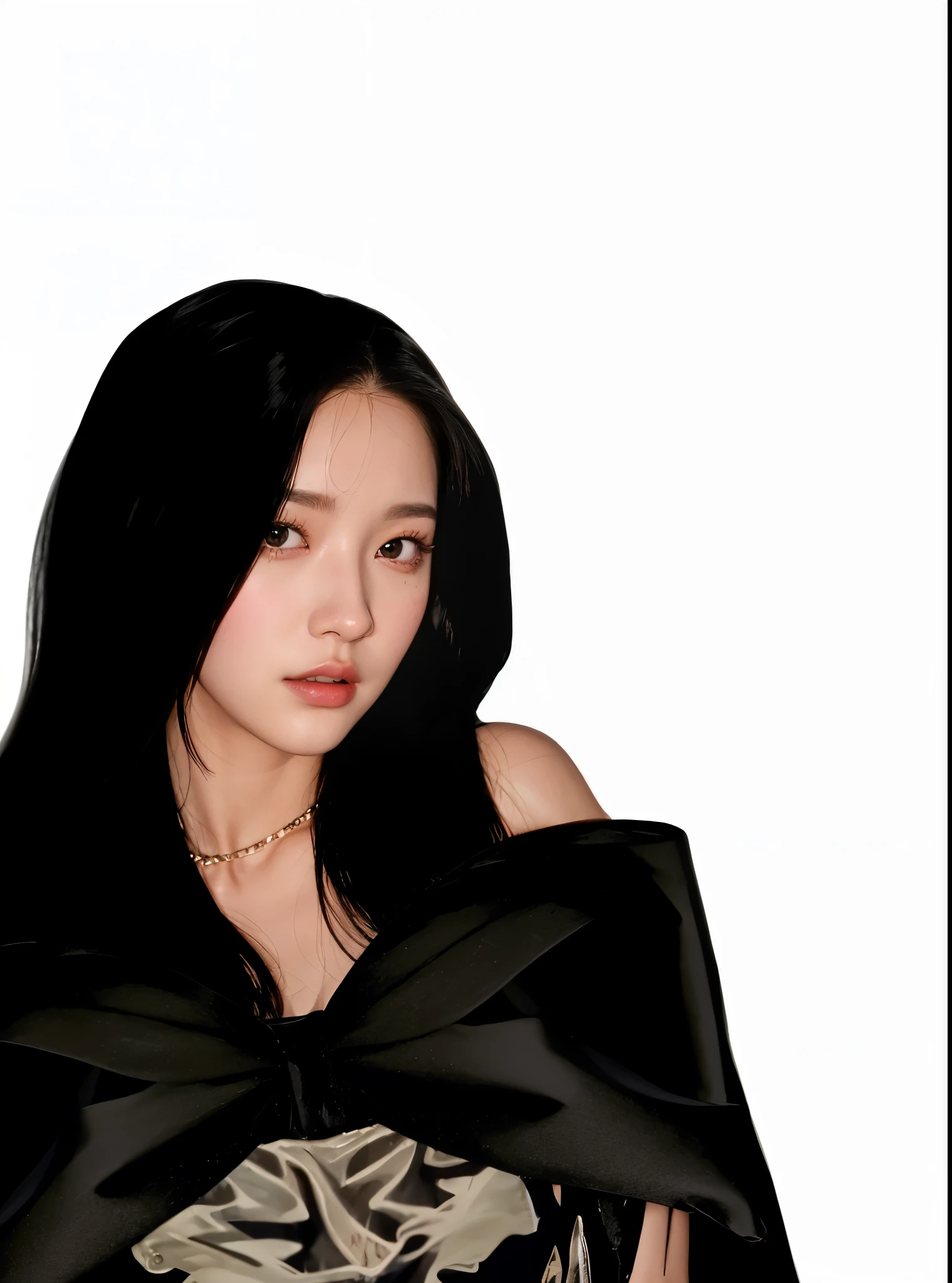 there is a woman with a black dress and a black cape, portrait of jossi of blackpink, portrait jisoo blackpink, leaked image, with a black background, sun yunjoo, ji-min, render of april, inspired by Sim Sa-jeong, jisoo from blackpink, taejune kim, park ji-min, jiyun chae, kim doyoung, jinyoung shin with blonde hair, miyeon from g-idle, white Korean girl with light blonde hair