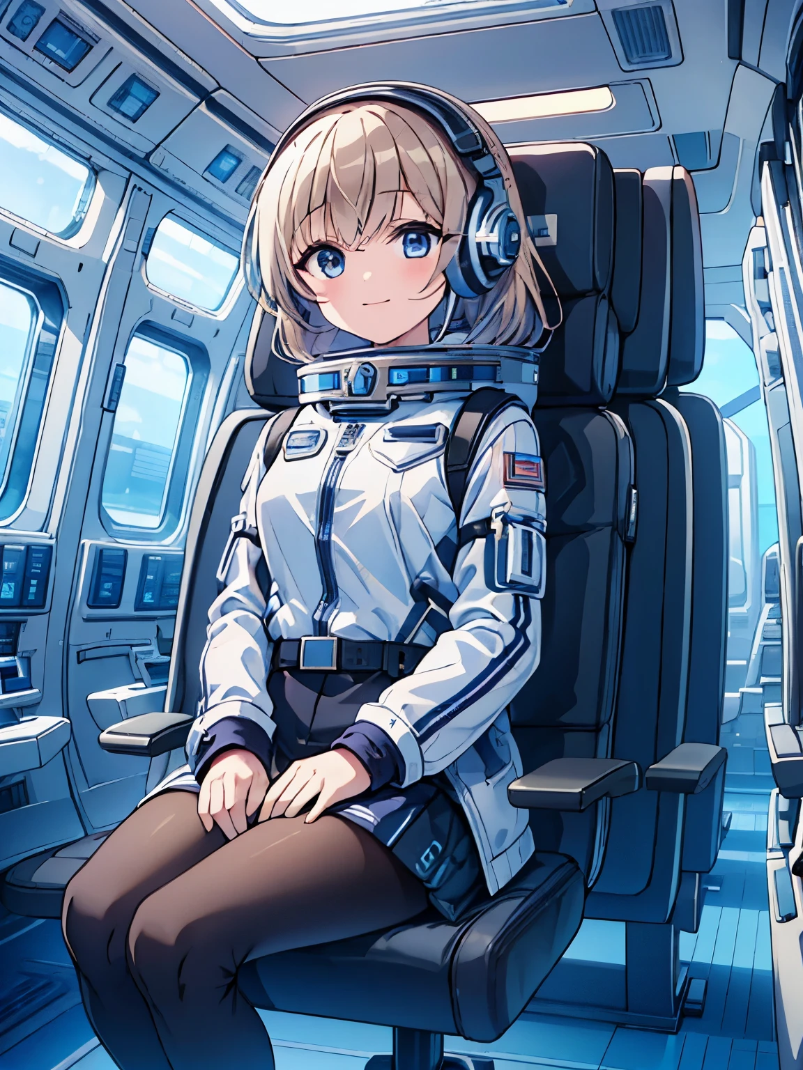 masterpiece, highest quality, High resolution,airplane_interior, one girl sitting,purple_seat, daylight, padded_headrest, armrest, seatbelt, window_view, airplane_wing, natural_lighting, cabin, off-white_walls, overhead_compartments, navy_carpet BREAK zoom camera,one girl,BREAK inside spacecraft seats, happy ,smiling, BREAK sitting seats,office BREAK (white downvest):3 ,(white puffer jacket),spacesuit,astronaut,astrovest,headphones BREAK black belts,black long sleeves,black tights,futurustic boots,iwatch,blonde hairs,Astrovest,tnf_jacket,bing_astronaut,astrovest,