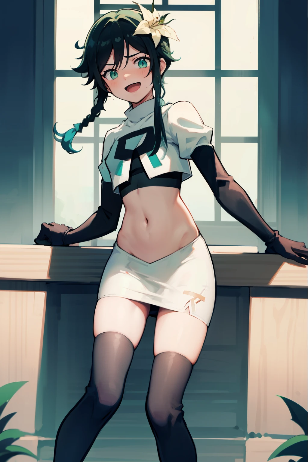 absurdres,venti,1boy, male focus, trap,black hair, green-blue hair, hair braid,hair flower,aqua green eyes,crossdressing,1boy,team rocket,team rocket uniform,white skirt,red letter R,crop top,black thigh-highs,black elbow gloves, laughing,happy, blush