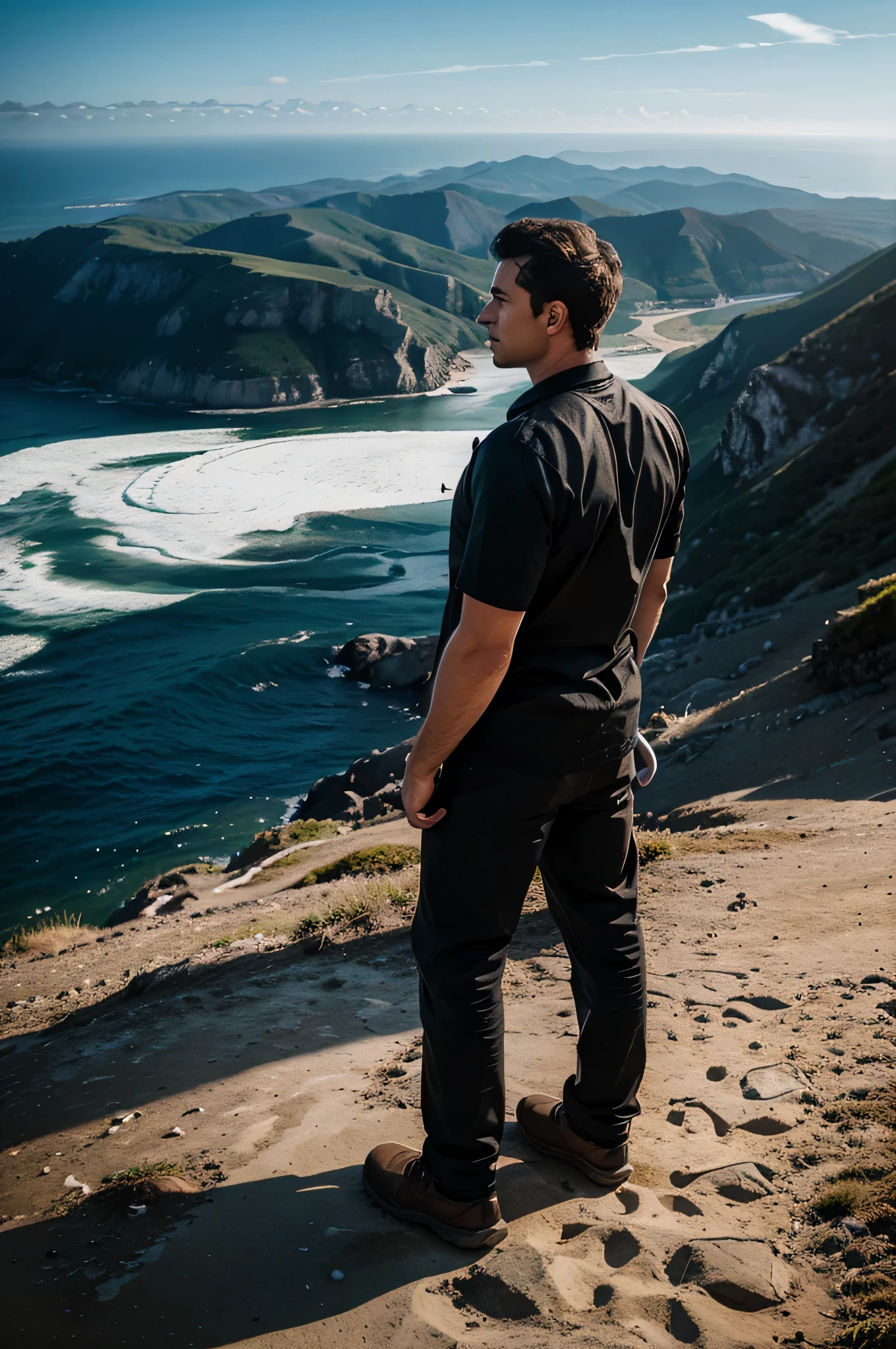 Illustration for a film about a man, standing on top of a mountain, looking at the ocean