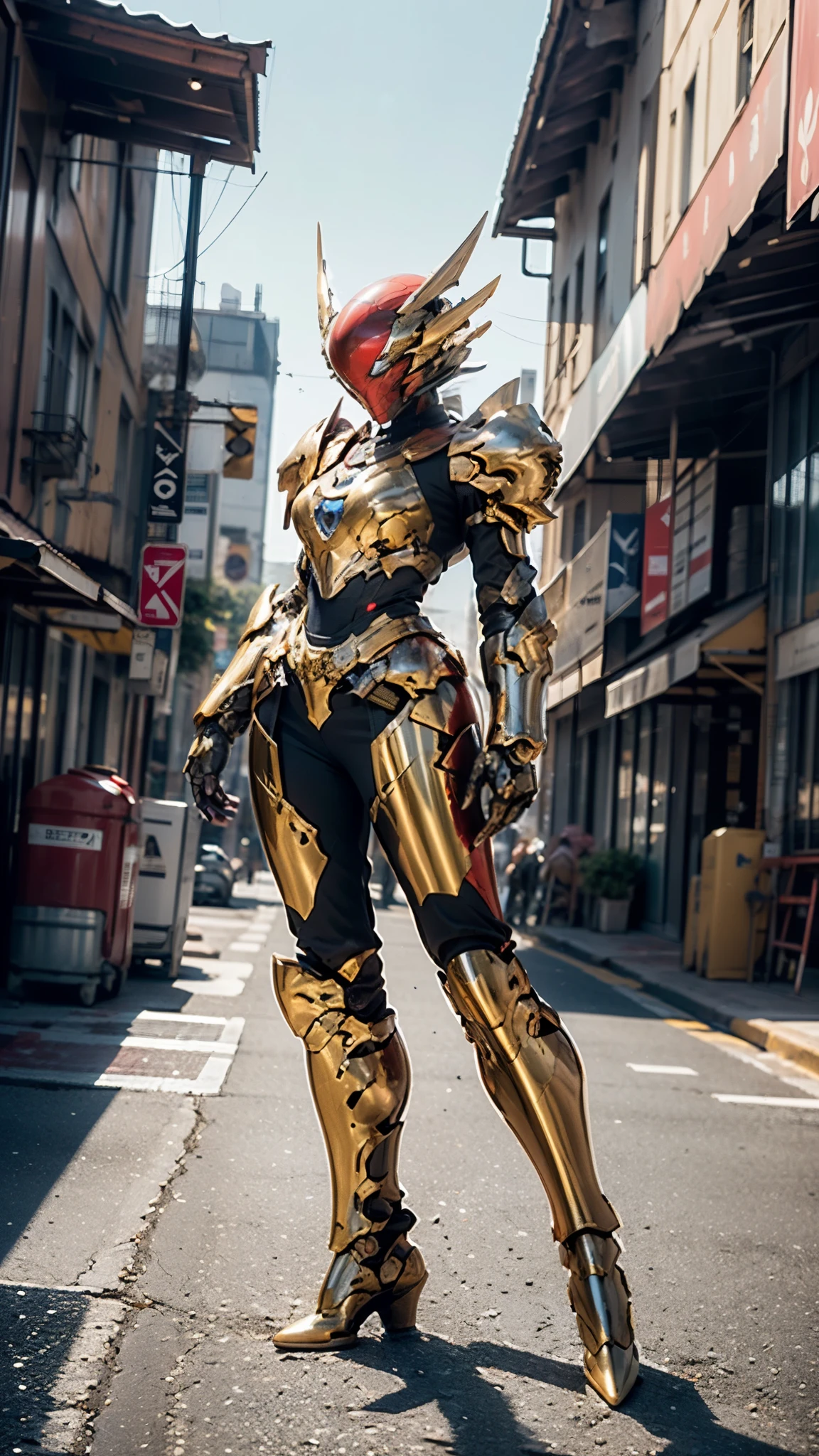 A woman adorned in fantasy-style full-body armor, a crown-concept fully enclosed helmet that unveils only her eyes, a composite layered chest plate, fully encompassing shoulder and hand guards, a lightweight waist armor, form-fitting shin guards, the overall design is heavy-duty yet flexible, ((the armor gleams with a golden glow, complemented by red and blue accents)), exhibiting a noble aura, she floats above a fantasy-surreal high-tech city, this character embodies a finely crafted fantasy-surreal style armored hero in anime style, exquisite and mature manga art style, (Queen bee mixed with Spider concept Armor, plasma, blood), ((Element, energy, elegant, goddess, femminine:1.5)), metallic, high definition, best quality, highres, ultra-detailed, ultra-fine painting, extremely delicate, professional, anatomically correct, symmetrical face, extremely detailed eyes and face, high quality eyes, creativity, RAW photo, UHD, 32k, Natural light, cinematic lighting, masterpiece-anatomy-perfect, masterpiece:1.5