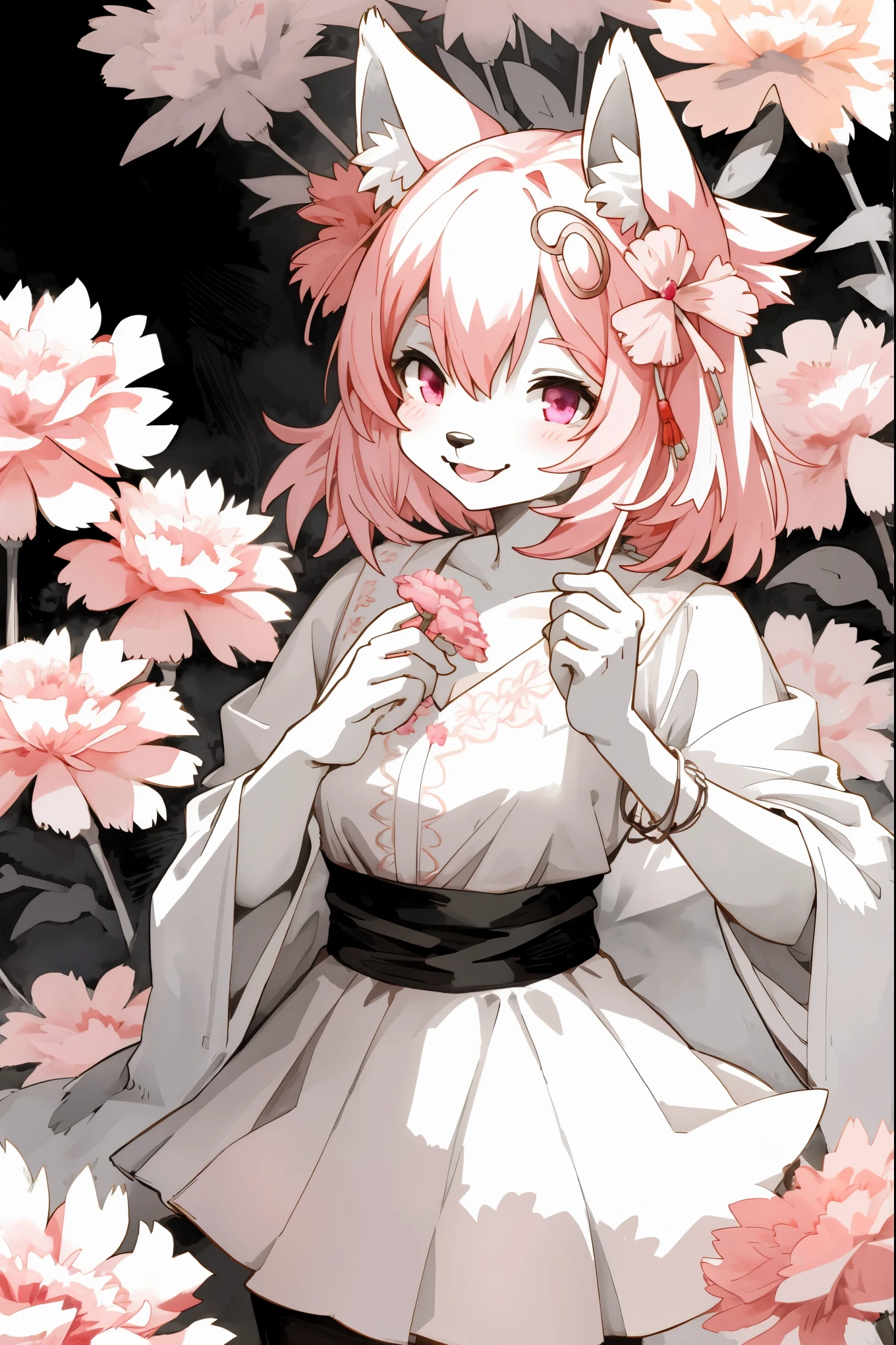 monochrome, watercolor, highres, top quality, best quality, paid reward available, High-quality illustrations, unparalleled masterpiece, perfect artwork, absurdres, 1girl, kemono, furry, detailed body fur, animal face, animal hand, Archaic Smile, holding a cluster of pink carnation in both hands, which are positioned at chest level, She is wearing a simple ring on the ring finger of her left hand, unfocused spread of pink carnation, fan-created work shared on platforms Pixiv or Twitter,