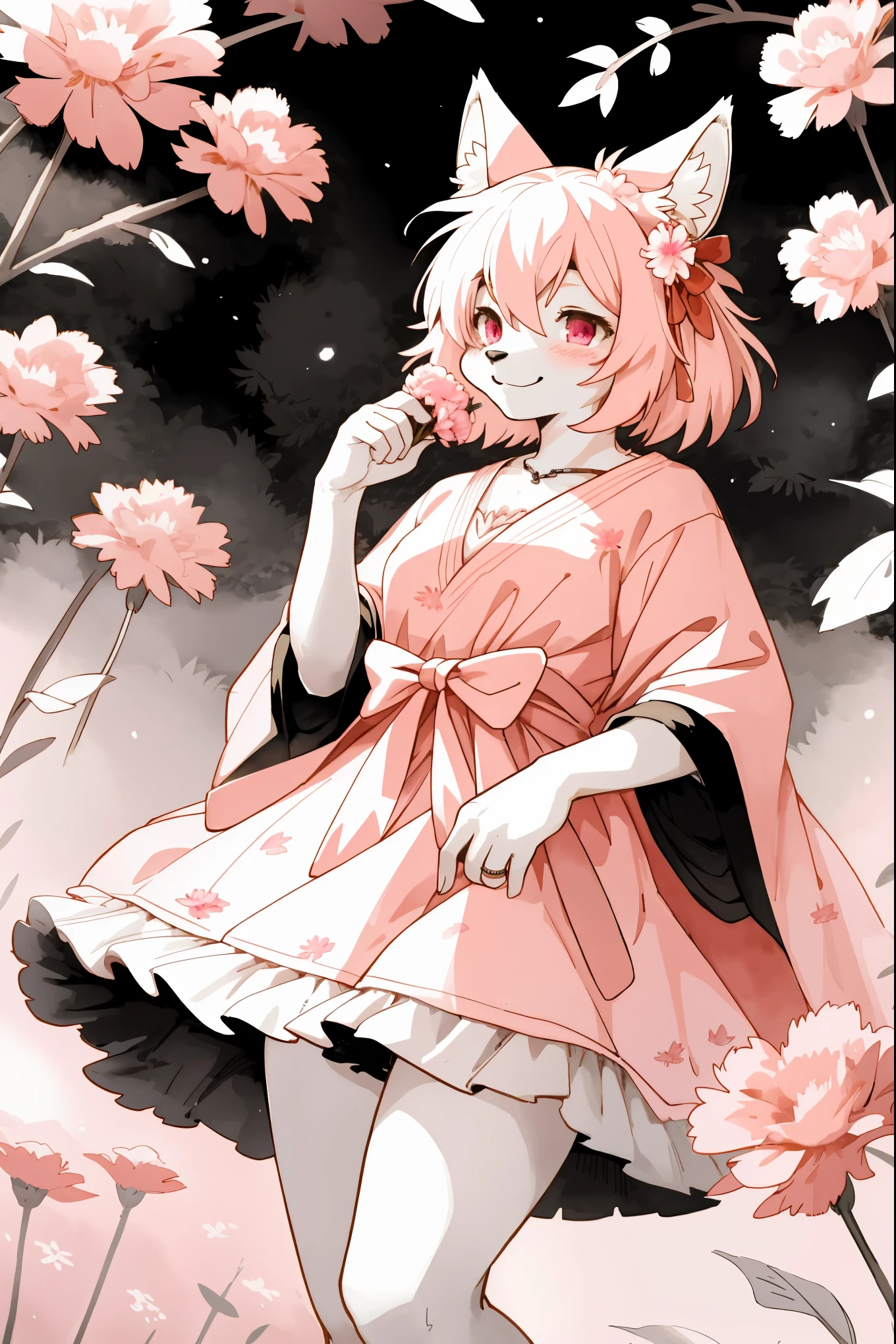 monochrome, watercolor, highres, top quality, best quality, paid reward available, High-quality illustrations, unparalleled masterpiece, perfect artwork, absurdres, 1girl, kemono, furry, detailed body fur, animal face, animal hand, Archaic Smile, holding a cluster of pink carnation in both hands, which are positioned at chest level, She is wearing a simple ring on the ring finger of her left hand, unfocused spread of pink carnation, fan-created work shared on platforms Pixiv or Twitter,