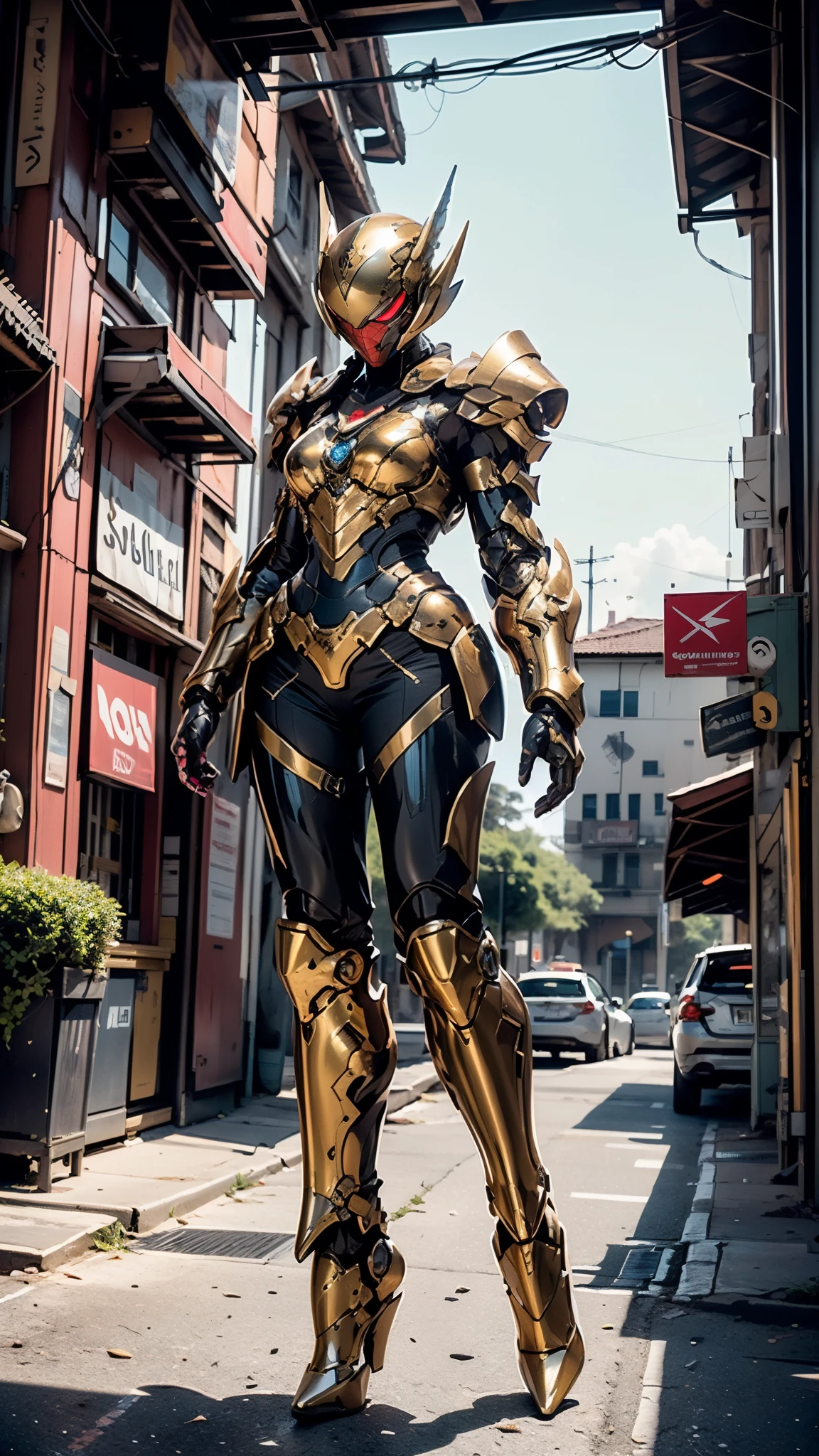 A woman adorned in fantasy-style full-body armor, a crown-concept fully enclosed helmet that unveils only her eyes, a composite layered chest plate, fully encompassing shoulder and hand guards, a lightweight waist armor, form-fitting shin guards, the overall design is heavy-duty yet flexible, ((the armor gleams with a golden glow, complemented by red and blue accents)), exhibiting a noble aura, she floats above a fantasy-surreal high-tech city, this character embodies a finely crafted fantasy-surreal style armored hero in anime style, exquisite and mature manga art style, (Queen bee mixed with Spider concept Armor, plasma, blood), ((Element, energy, elegant, goddess, femminine:1.5)), metallic, high definition, best quality, highres, ultra-detailed, ultra-fine painting, extremely delicate, professional, anatomically correct, symmetrical face, extremely detailed eyes and face, high quality eyes, creativity, RAW photo, UHD, 32k, Natural light, cinematic lighting, masterpiece-anatomy-perfect, masterpiece:1.5