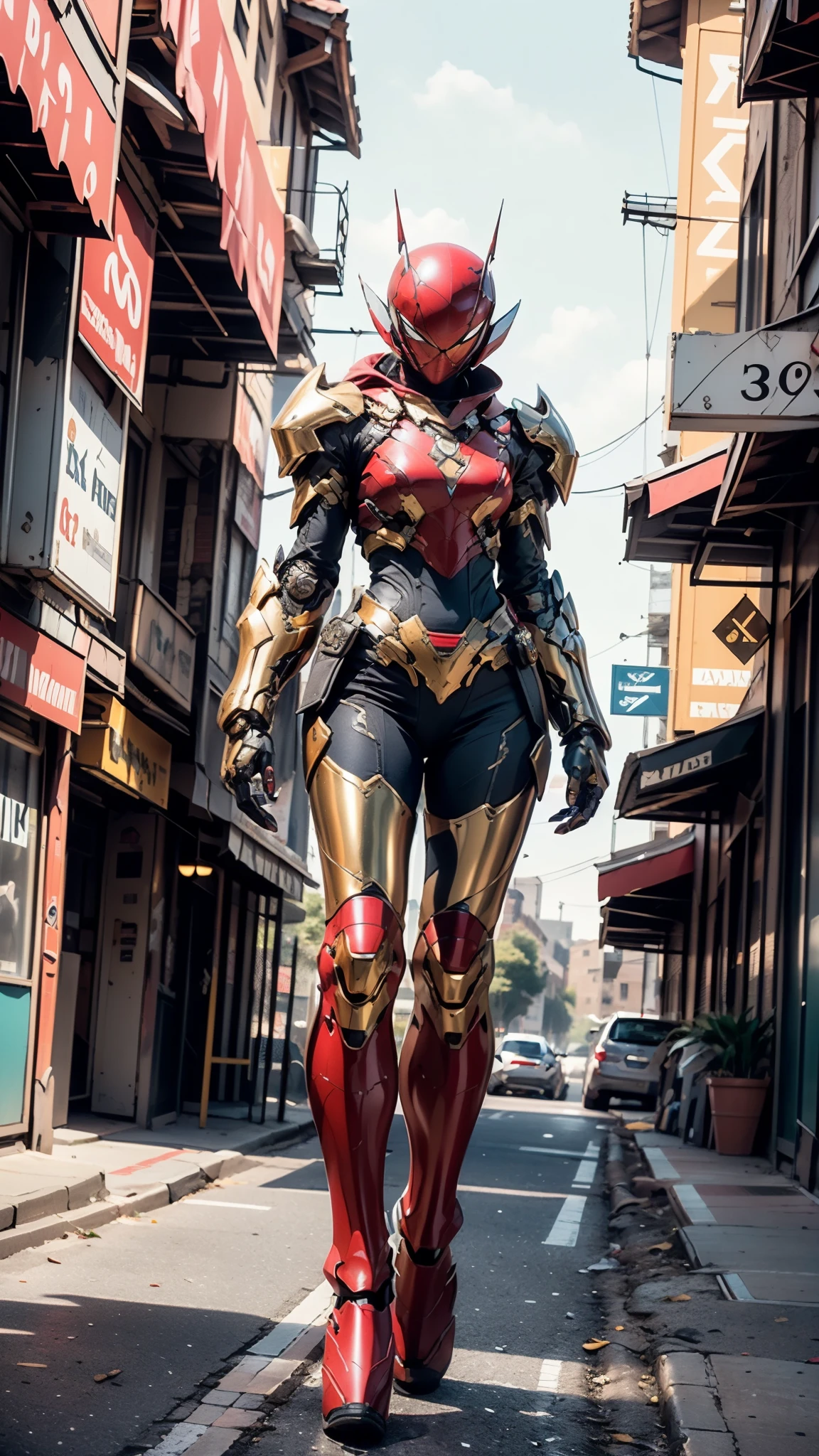 A woman adorned in fantasy-style full-body armor, a crown-concept fully enclosed helmet that unveils only her eyes, a composite layered chest plate, fully encompassing shoulder and hand guards, a lightweight waist armor, form-fitting shin guards, the overall design is heavy-duty yet flexible, ((the armor gleams with a golden glow, complemented by red and blue accents)), exhibiting a noble aura, she floats above a fantasy-surreal high-tech city, this character embodies a finely crafted fantasy-surreal style armored hero in anime style, exquisite and mature manga art style, (Queen bee mixed with Spider concept Armor, plasma, blood), ((Element, energy, elegant, goddess, femminine:1.5)), metallic, high definition, best quality, highres, ultra-detailed, ultra-fine painting, extremely delicate, professional, anatomically correct, symmetrical face, extremely detailed eyes and face, high quality eyes, creativity, RAW photo, UHD, 32k, Natural light, cinematic lighting, masterpiece-anatomy-perfect, masterpiece:1.5