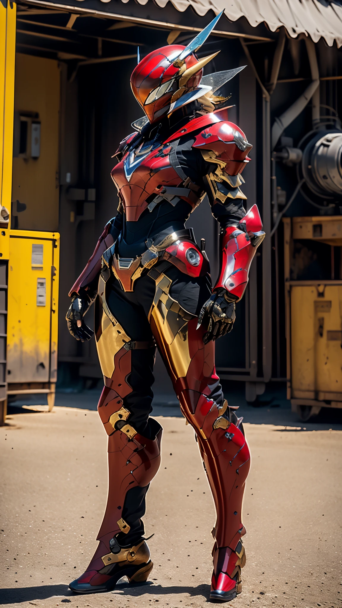 A woman adorned in fantasy-style full-body armor, a crown-concept fully enclosed helmet that unveils only her eyes, a composite layered chest plate, fully encompassing shoulder and hand guards, a lightweight waist armor, form-fitting shin guards, the overall design is heavy-duty yet flexible, ((the armor gleams with a golden glow, complemented by red and blue accents)), exhibiting a noble aura, she floats above a fantasy-surreal high-tech city, this character embodies a finely crafted fantasy-surreal style armored hero in anime style, exquisite and mature manga art style, (Queen bee mixed with Spider concept Armor, plasma, blood), ((Element, energy, elegant, goddess, femminine:1.5)), metallic, high definition, best quality, highres, ultra-detailed, ultra-fine painting, extremely delicate, professional, anatomically correct, symmetrical face, extremely detailed eyes and face, high quality eyes, creativity, RAW photo, UHD, 32k, Natural light, cinematic lighting, masterpiece-anatomy-perfect, masterpiece:1.5