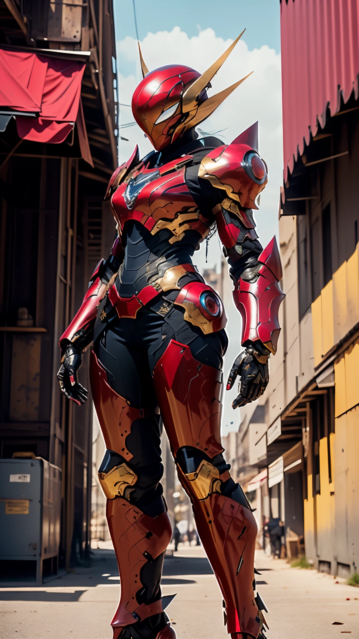 A woman adorned in fantasy-style full-body armor, a crown-concept fully enclosed helmet that unveils only her eyes, a composite layered chest plate, fully encompassing shoulder and hand guards, a lightweight waist armor, form-fitting shin guards, the overall design is heavy-duty yet flexible, ((the armor gleams with a golden glow, complemented by red and blue accents)), exhibiting a noble aura, she floats above a fantasy-surreal high-tech city, this character embodies a finely crafted fantasy-surreal style armored hero in anime style, exquisite and mature manga art style, (Queen bee mixed with Spider concept Armor, plasma, blood), ((Element, energy, elegant, goddess, femminine:1.5)), metallic, high definition, best quality, highres, ultra-detailed, ultra-fine painting, extremely delicate, professional, anatomically correct, symmetrical face, extremely detailed eyes and face, high quality eyes, creativity, RAW photo, UHD, 32k, Natural light, cinematic lighting, masterpiece-anatomy-perfect, masterpiece:1.5