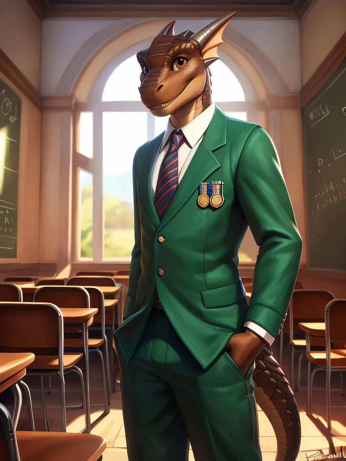 (by pixelsketcher), (by personalami), solo,male,boy, dragon,scale, lizard ,detailed background, (cinematic lighting:1.1), (perfect focus:1.1), 8k hd, photo, (detailed eyes:1.2),depth of field, bokeh, subsurface scattering, wide ,(uniform, school uniform, green uniform, tie,green pants),full body, bright colors, (furry detail), school background, chairs, classroom, window,photorealistic, ultra realistic,realistic,smile,(scale),(realistic scales:1.1),(tail), (extreme scale),solo,((Brown scales,Brown skin)), Brown eyes, beautiful brown eyes, detailed eyes,full body,sexy legs,pixar style eyes,standing, posing,((adult,tall))