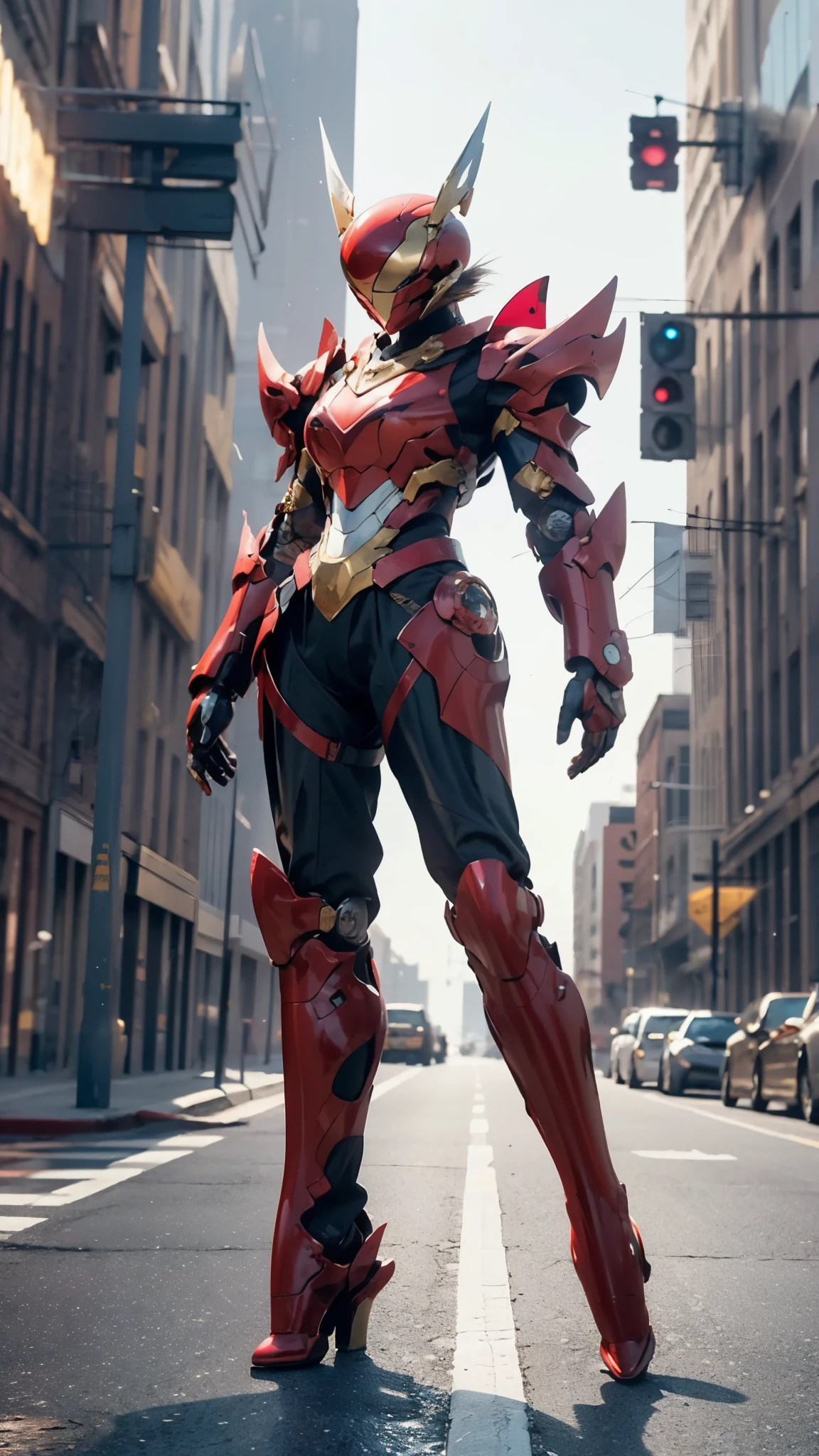 A woman adorned in fantasy-style full-body armor, a crown-concept fully enclosed helmet that unveils only her eyes, a composite layered chest plate, fully encompassing shoulder and hand guards, a lightweight waist armor, form-fitting shin guards, the overall design is heavy-duty yet flexible, ((the armor gleams with a golden glow, complemented by red and blue accents)), exhibiting a noble aura, she floats above a fantasy-surreal high-tech city, this character embodies a finely crafted fantasy-surreal style armored hero in anime style, exquisite and mature manga art style, (Queen bee mixed with Spider concept Armor, plasma, blood), ((Element, energy, elegant, goddess, femminine:1.5)), metallic, high definition, best quality, highres, ultra-detailed, ultra-fine painting, extremely delicate, professional, anatomically correct, symmetrical face, extremely detailed eyes and face, high quality eyes, creativity, RAW photo, UHD, 32k, Natural light, cinematic lighting, masterpiece-anatomy-perfect, masterpiece:1.5