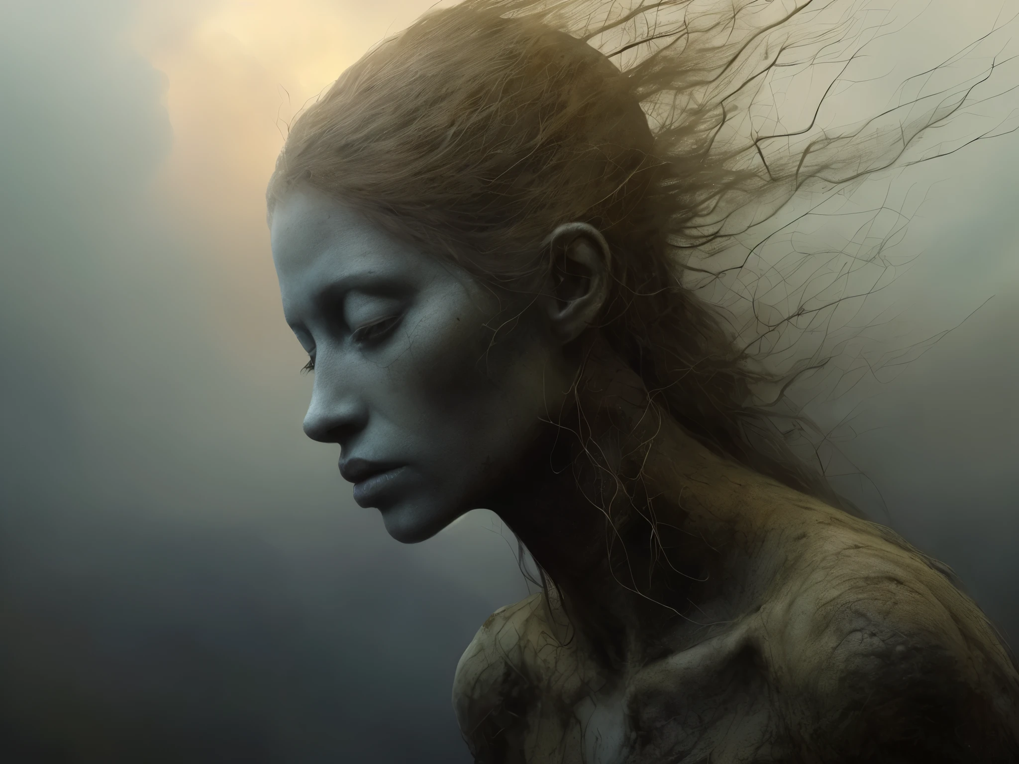 There is a woman with very long hair and a very strange face, Retrato de mujer humanoide, jessica rossier y brian froud, criatura humanoide femenina, a stunning young ethereal figure, humanoid woman, Wild languid woman, tomasz alen kopera y cgsociety, retrato humanoide, inspirado en Darek Zabrocki