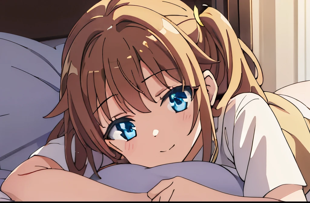 ((masterpiece)), ((best quality)), (ultra-detailed), anime style, look up from below, on the bed, a cute girl, 1girl, solo, underwear00, ((beautiful eyes)), smile