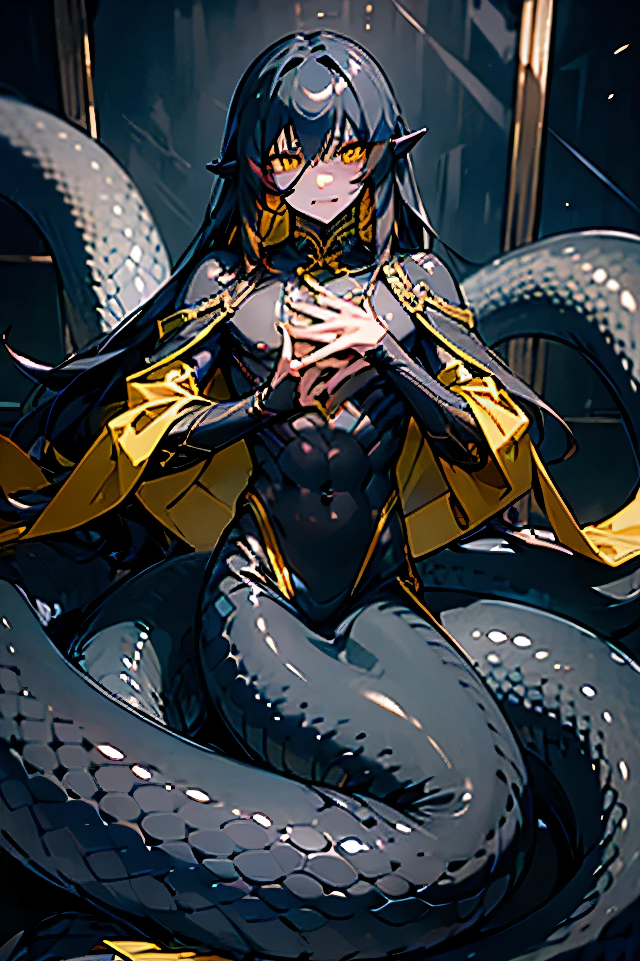 ((best quality)), ((masterpiece)), (detailed), perfect face, perfect hands, lamia, male, yellow eyes, black hair, mid length hair, femaine male, flat chest
