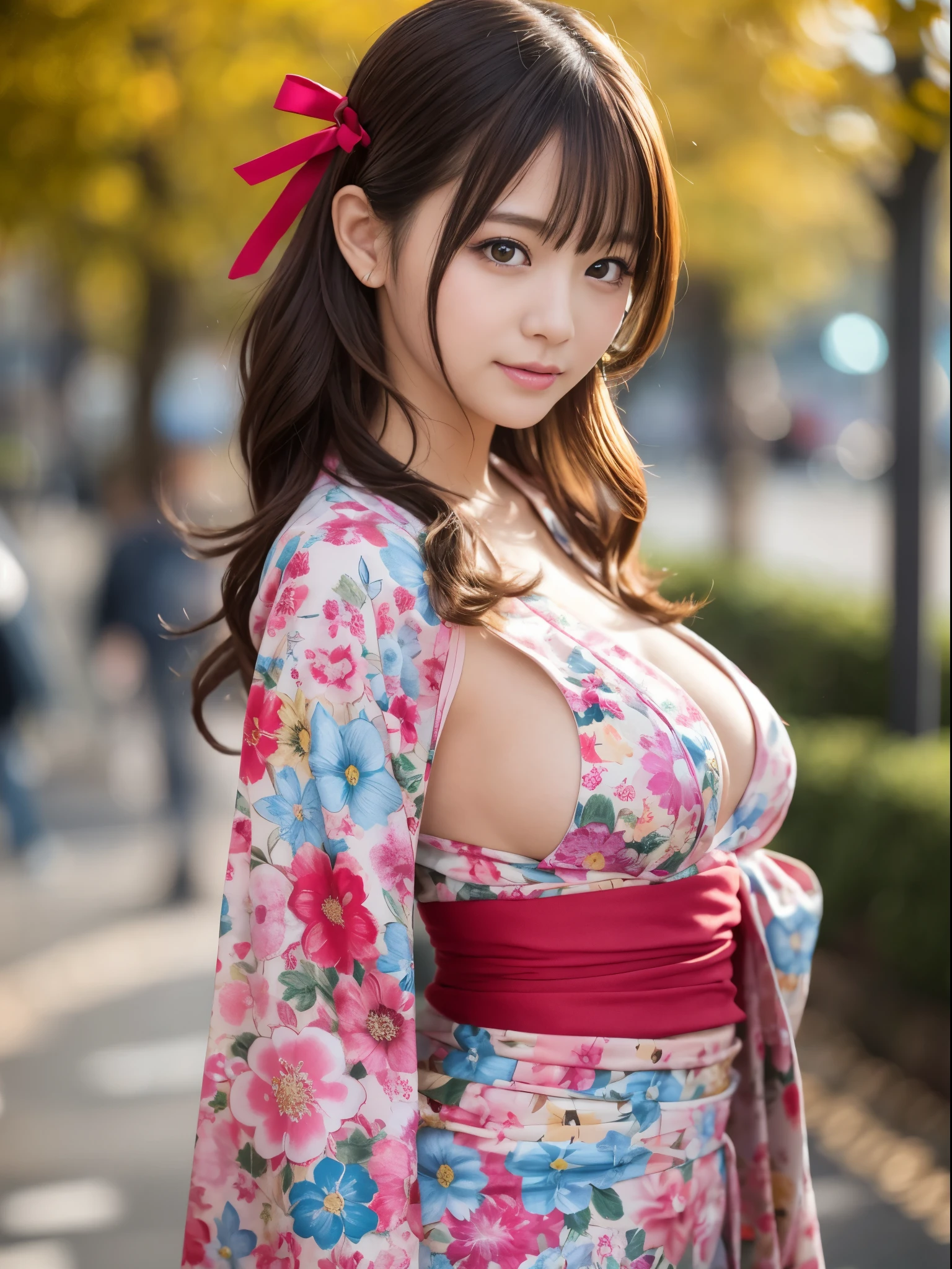 table top, highest quality, figure, super detailed, finely, High resolution, 8k wallpaper, 完璧なダイナミックな構figure, detailed and beautiful eyes, She wears a red kimono,medium hair,natural color lip, bold sexy pose,smile,Harajuku、20 year old Japanese girl、cute、sexy shot looking at camera、C cup、brown hair、cacique#39;face、Blurred green park background