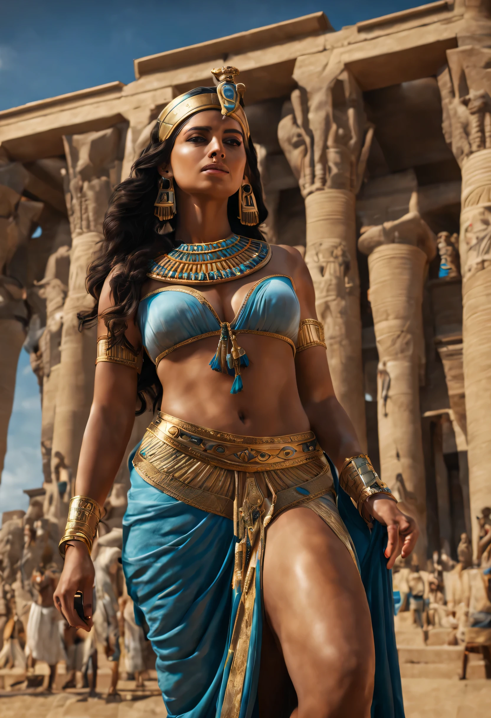 (best quality,4k,highres,masterpiece:1.2),ultra-detailed,(realistic,photorealistic,photo-realistic:1.37), HDR, UHD, An (extremely beautiful Egyptian woman age: 18, hourglass figure, blessed proportions, sky clad) is attending the Opet festival in Ancient Egypt, she is in a Thebes with many other women nearby. (Show her entire body, show her from head to toe, full body shot).